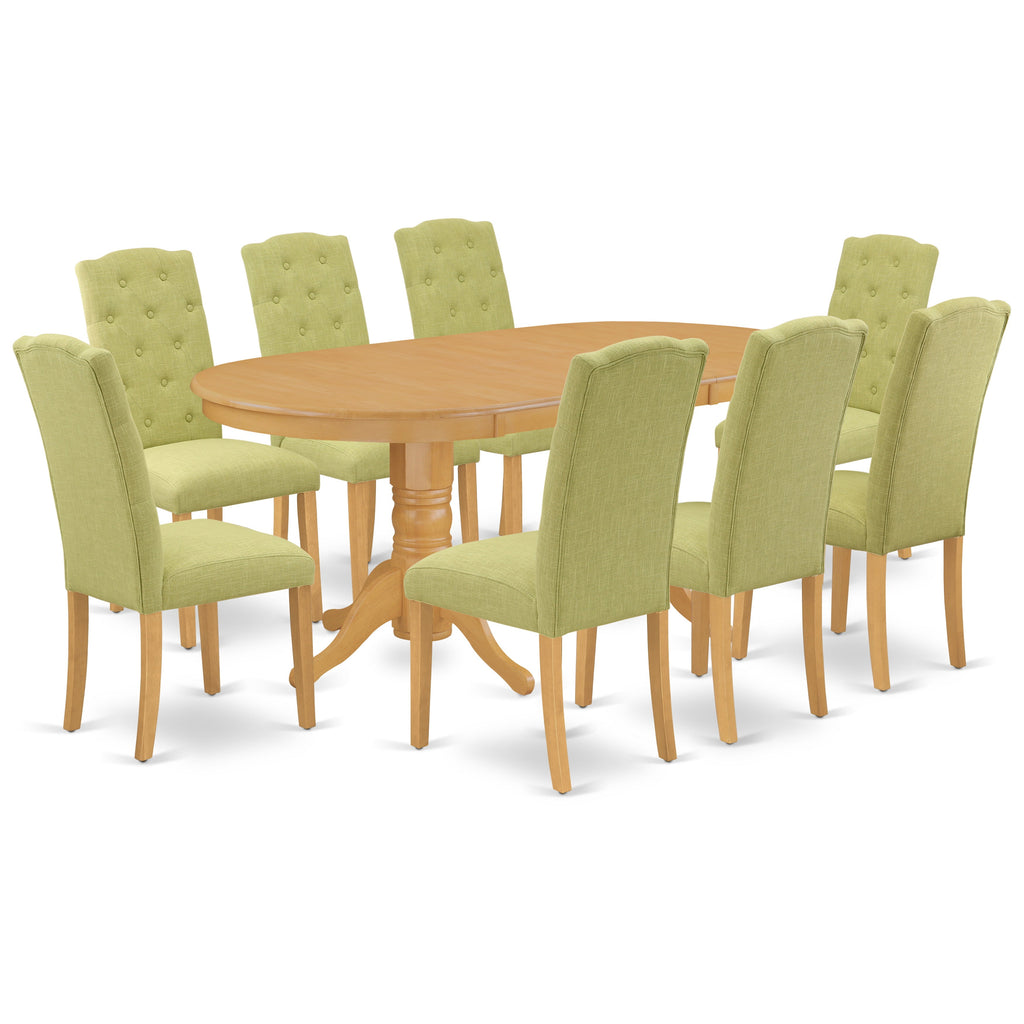 East West Furniture VACE9-OAK-07 9 Piece Dining Room Furniture Set Includes an Oval Wooden Table with Butterfly Leaf and 8 Limelight Linen Fabric Parson Chairs
