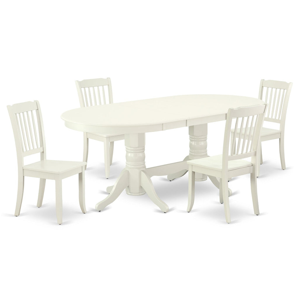 Juego de mesa de cocina de 5 piezas East West Furniture VADA5-LWH-W para 4 personas. Incluye una mesa de comedor ovalada con diseño de hojas de mariposa y 4 sillas de comedor.
