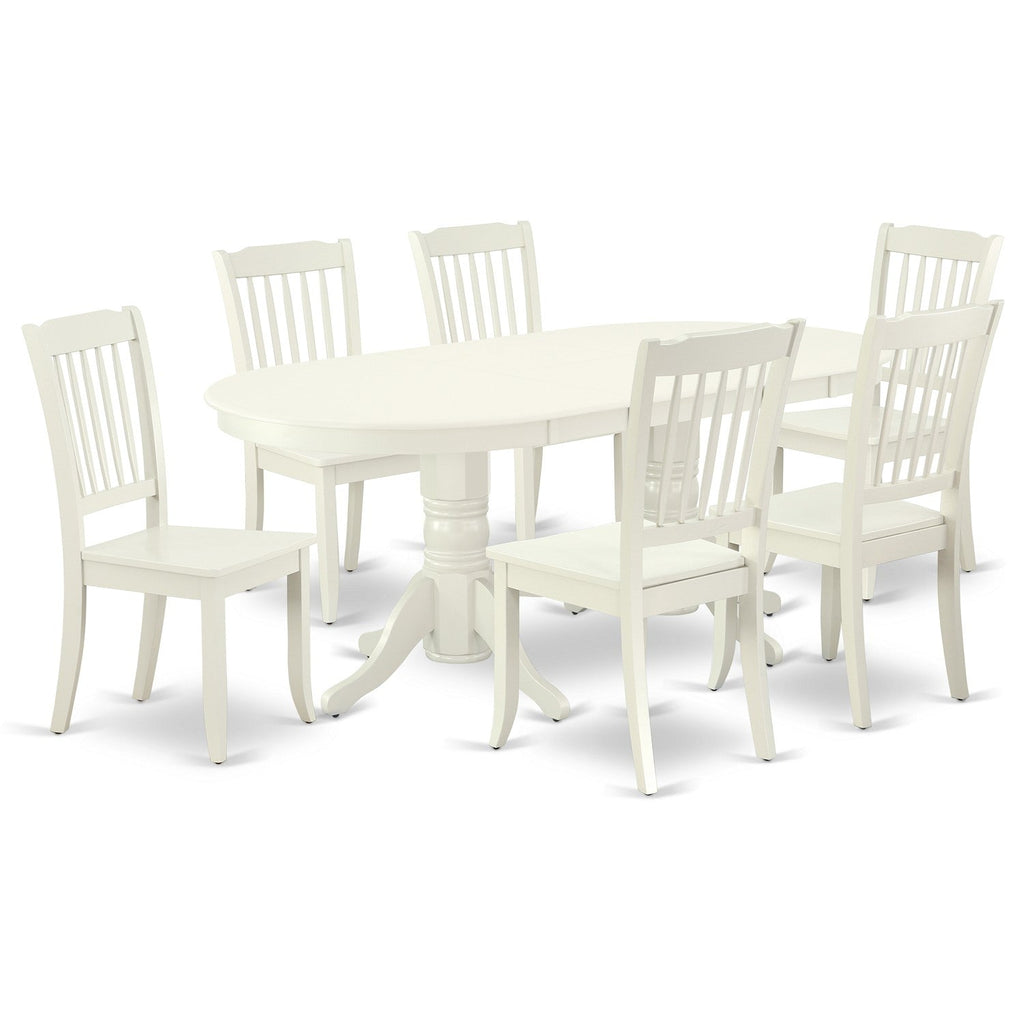 Juego de mesa de comedor de 7 piezas East West Furniture VADA7-LWH-W compuesto por una mesa de comedor ovalada con hojas de mariposa y 6 sillas con asiento de madera.