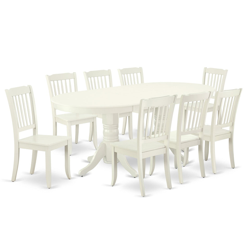 El juego de mesa de comedor de 9 piezas East West Furniture VADA9-LWH-W incluye una mesa de cocina ovalada con hojas de mariposa y 8 sillas de comedor.