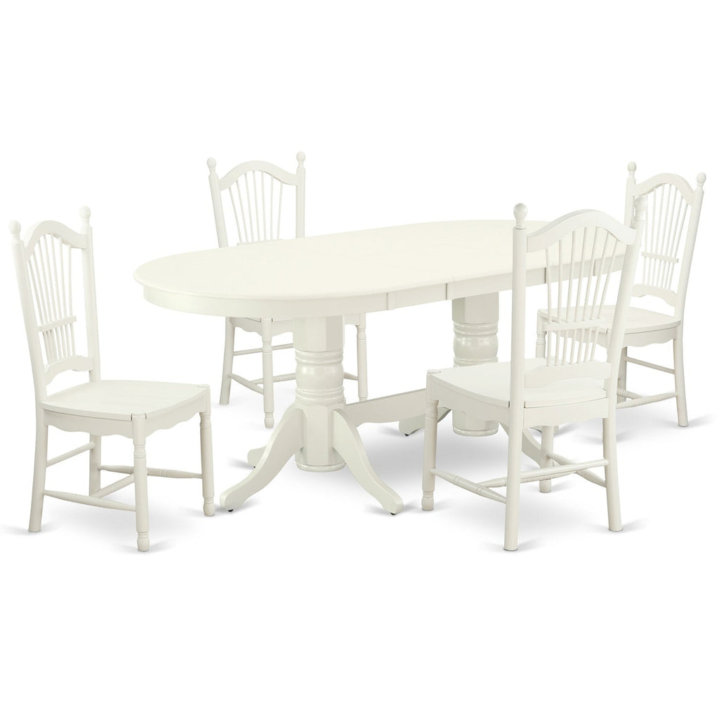 El juego de comedor de 5 piezas East West Furniture VADO5-LWH-W incluye una mesa de comedor ovalada con hojas de mariposa y 4 sillas con asiento de madera.