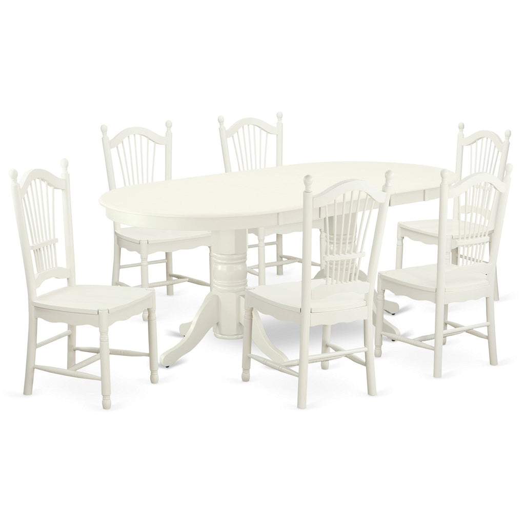 Juego de mesa de comedor moderna de 7 piezas East West Furniture VADO7-LWH-W compuesto por una mesa ovalada de madera con hojas de mariposa y 6 sillas de comedor.