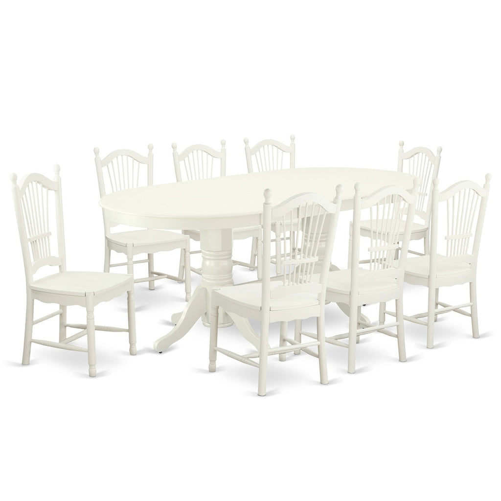 El juego de mesa de comedor de 9 piezas East West Furniture VADO9-LWH-W incluye una mesa ovalada de madera con hojas de mariposa y 8 sillas de comedor de cocina.