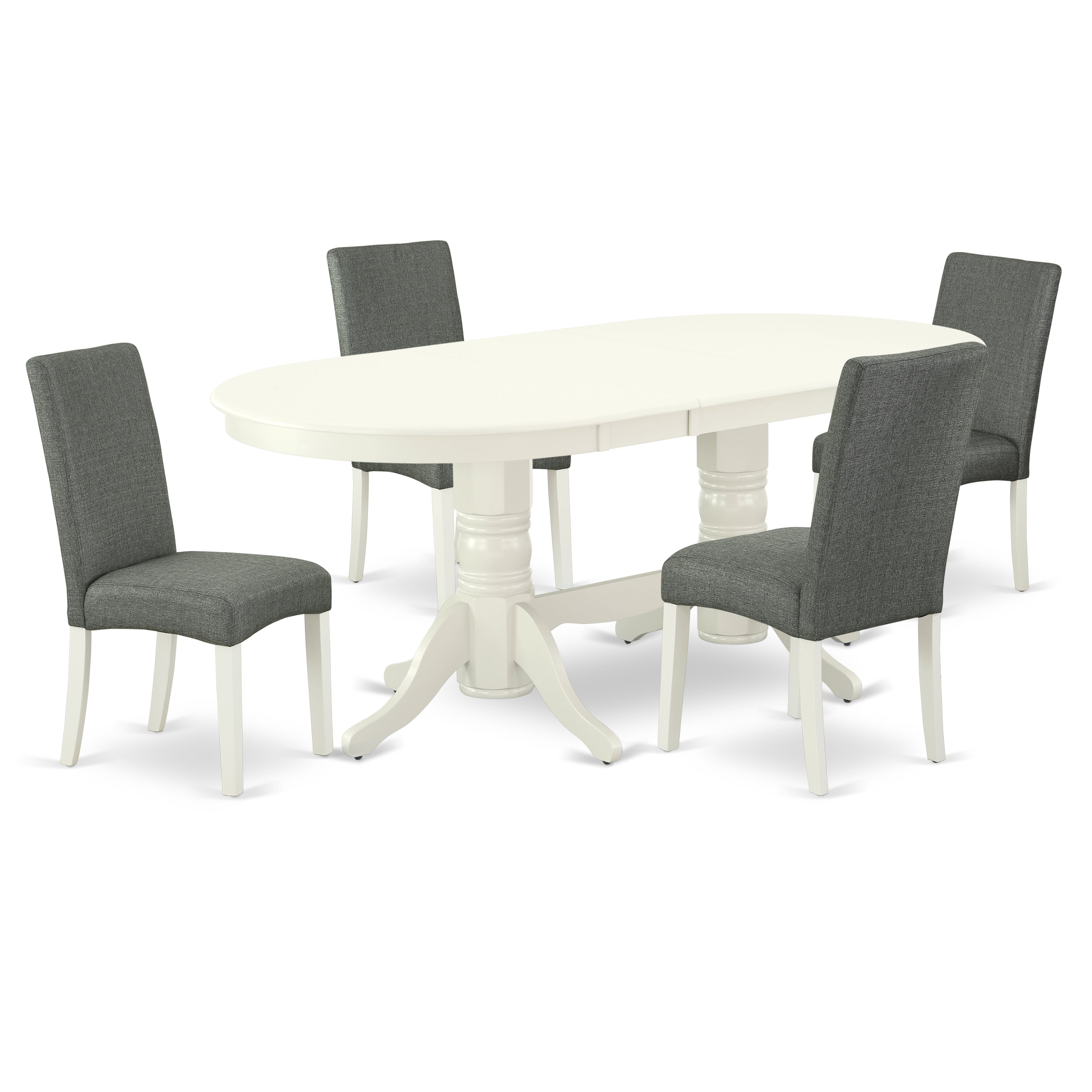 El juego de comedor de 5 piezas East West Furniture VADR5-LWH-07 incluye una mesa de comedor ovalada con hojas de mariposa y 4 sillas Parson tapizadas en tela de lino gris.