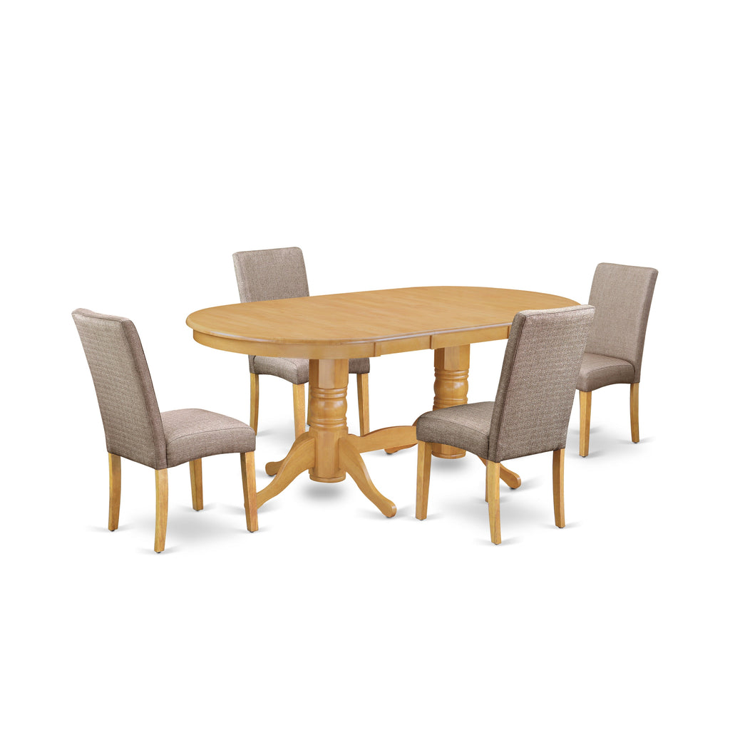 El juego de comedor de 5 piezas East West Furniture VADR5-OAK-16 incluye una mesa ovalada de madera con hojas de mariposa y 4 sillas Parsons de tela de lino color caqui oscuro.