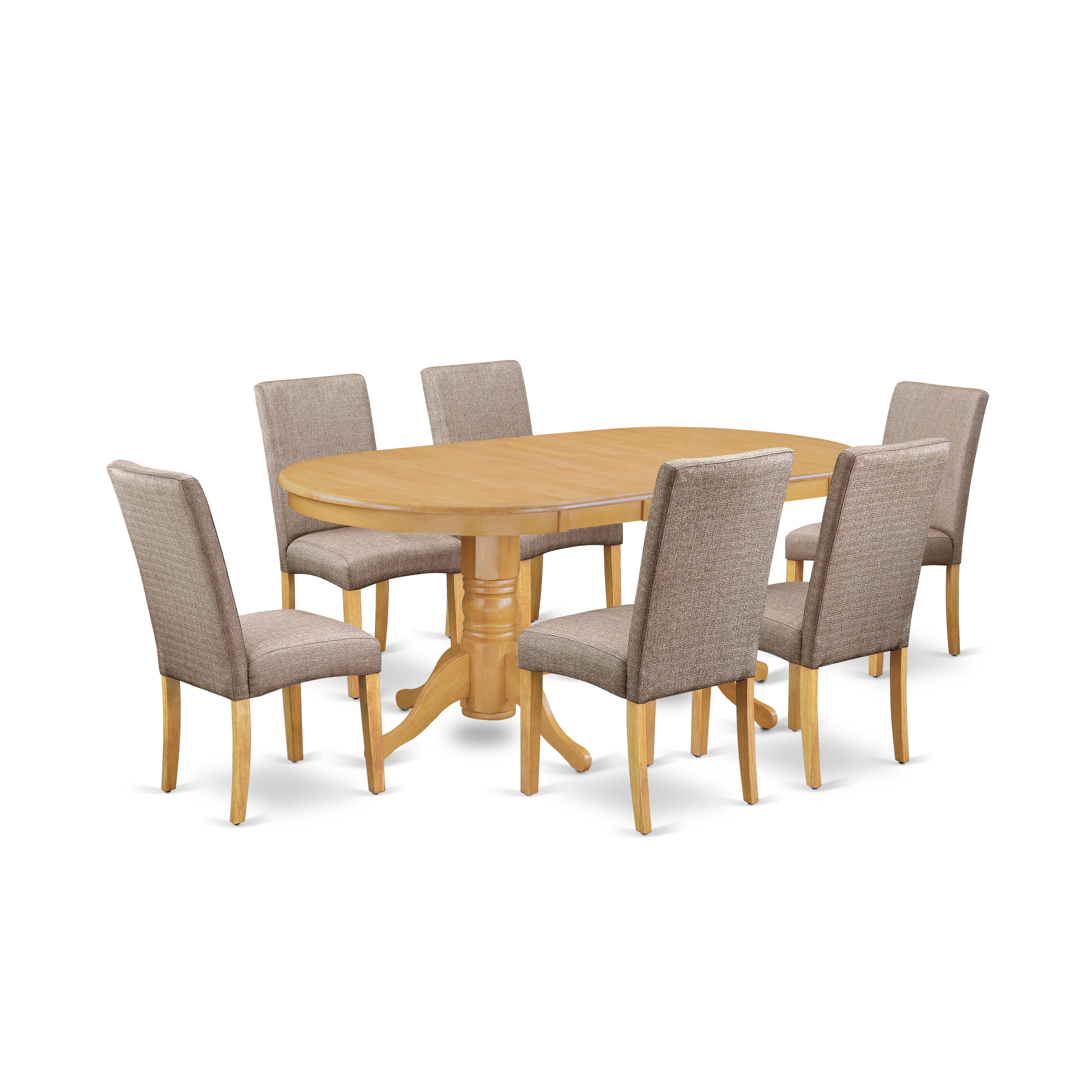 Juego de mesa de comedor moderna de 7 piezas VADR7-OAK-16 de East West Furniture. Consta de una mesa ovalada de madera con hojas de mariposa y 6 sillas tapizadas en tela de lino color caqui oscuro.