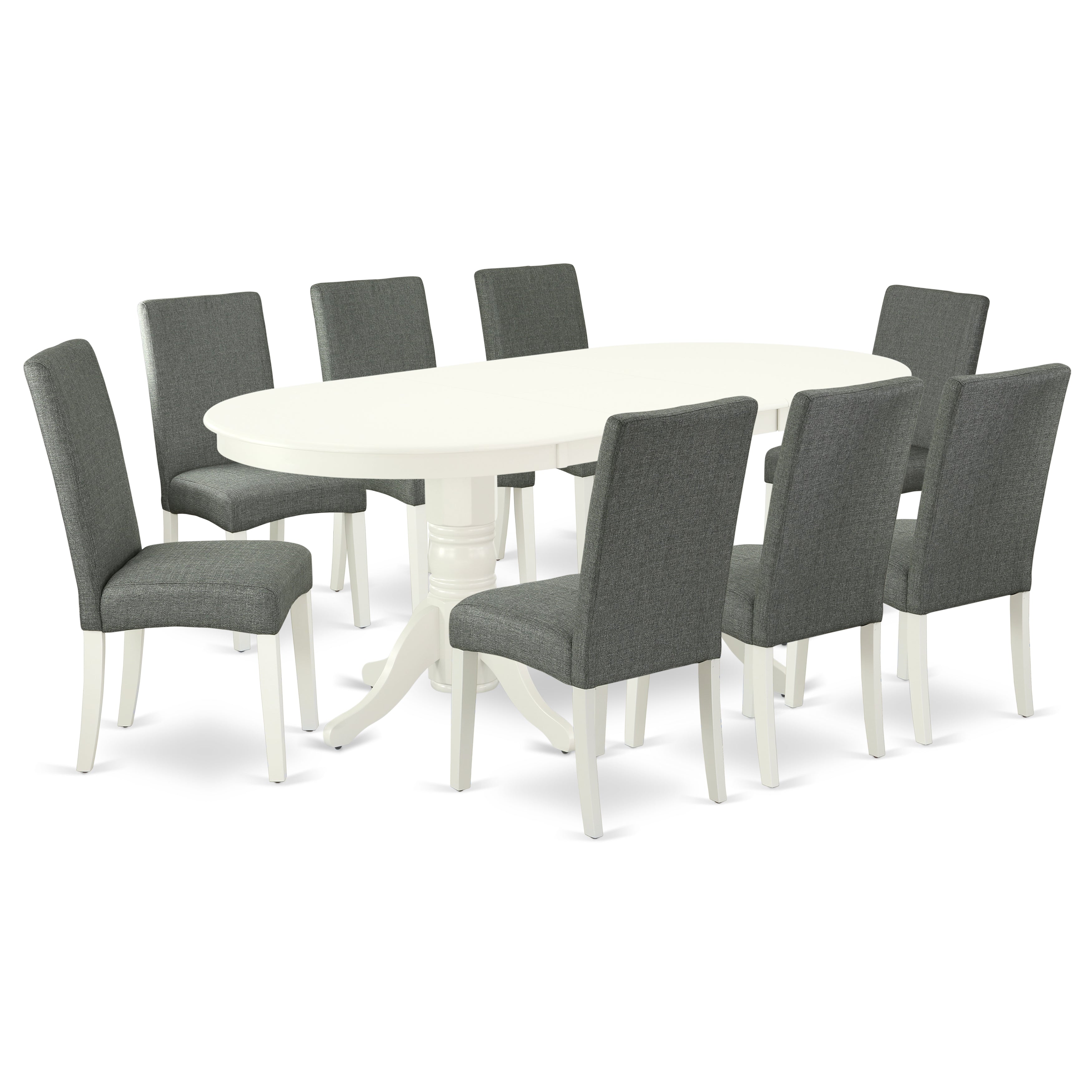 VADR9-LWH-07 9 Pc Kitchen Set For 8 Dining Table With Leaf And Eight Parson Chair With Linen White Finish Leg And Linen Fabric- Gray Color