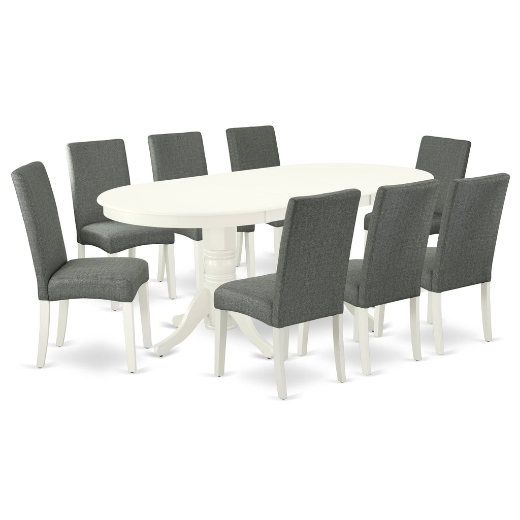 East West Furniture VADR9-LWH-07 9 Piece Kitchen Table Set Includes an Oval Dining Table with Butterfly Leaf and 8 Gray Linen Fabric Parson Dining Chairs