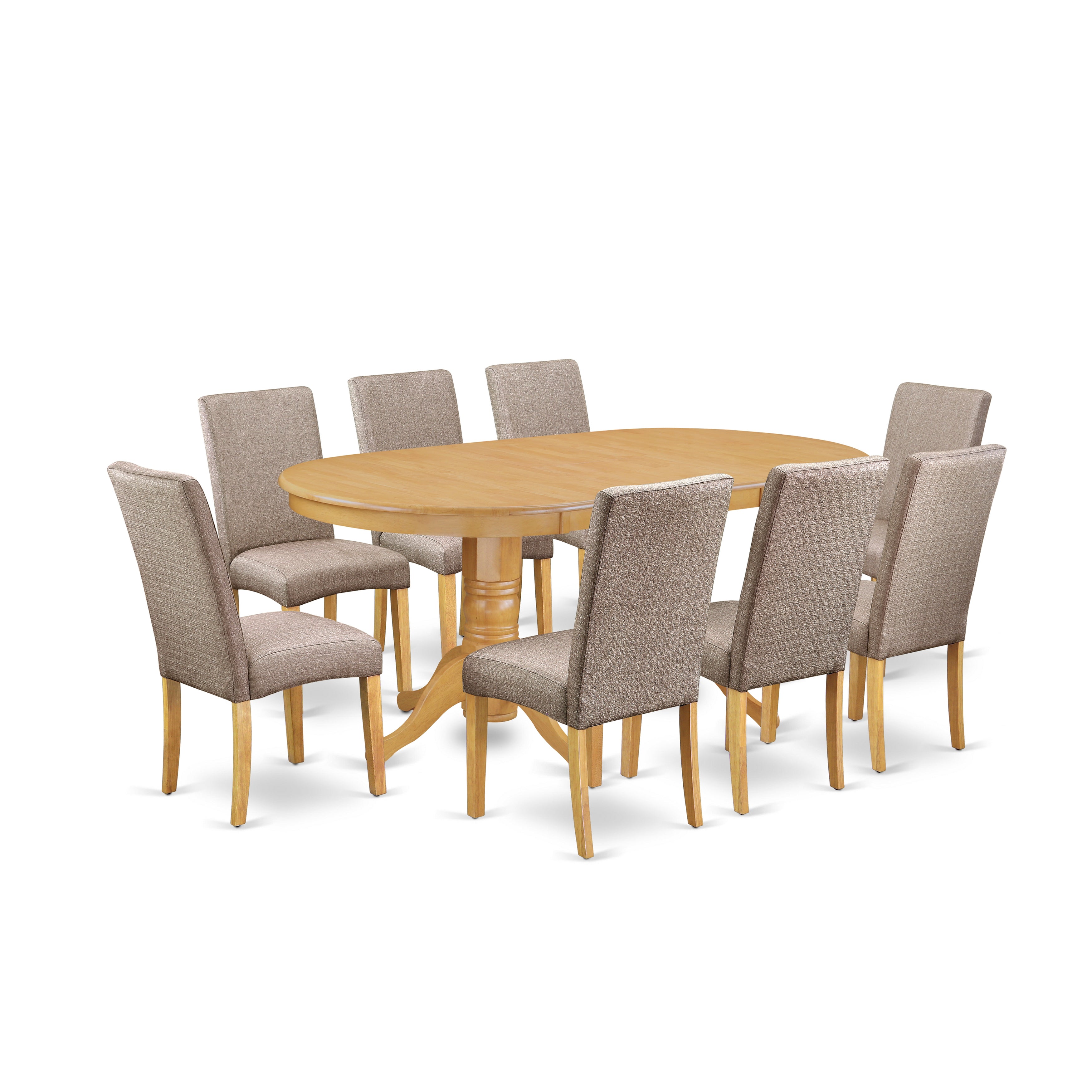 El juego de mesa de cocina East West Furniture VADR9-OAK-16 de 9 piezas incluye una mesa de comedor ovalada con hojas de mariposa y 8 sillas de comedor Parson de tela de lino color caqui oscuro.