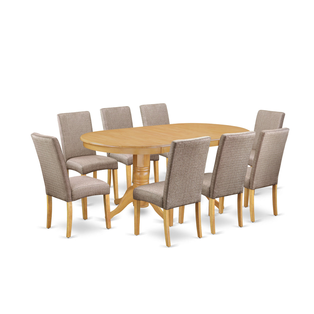 East West Furniture VADR9-OAK-16 9 Piece Kitchen Table Set Includes an Oval Dining Table with Butterfly Leaf and 8 Dark Khaki Linen Fabric Parson Dining Chairs