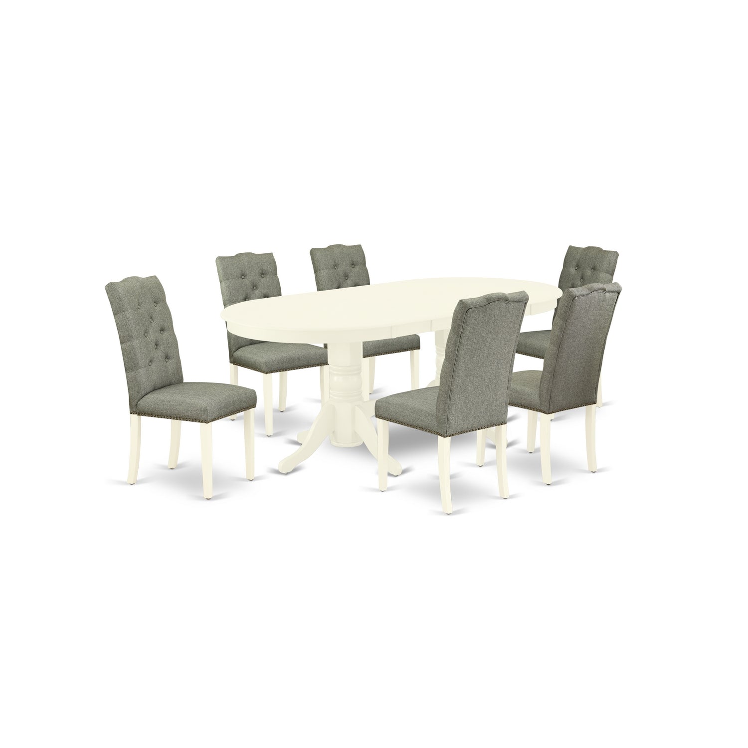 East-West Furniture VAEL7-LWH-07 7-Piece small dining table set- 6 Kitchen Parson Chairs and butterfly leaf dining room table solid wood structure -High back & Linen White Finish