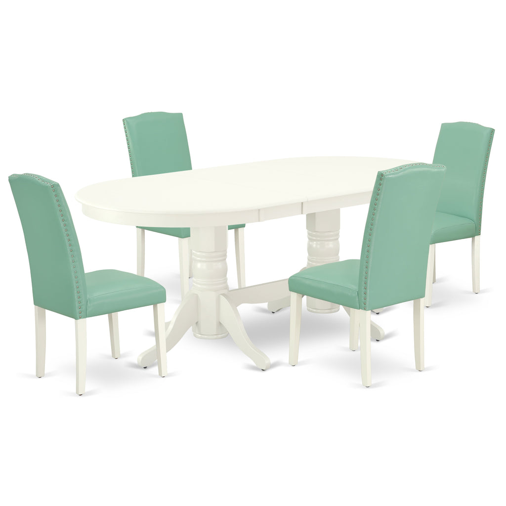 Juego de mesa de comedor de 5 piezas East West Furniture VAEN5-LWH-57 para 4 personas. Incluye una mesa de cocina ovalada con diseño de hojas de mariposa y 4 sillas de comedor Parsons de piel sintética con acabado Pond.