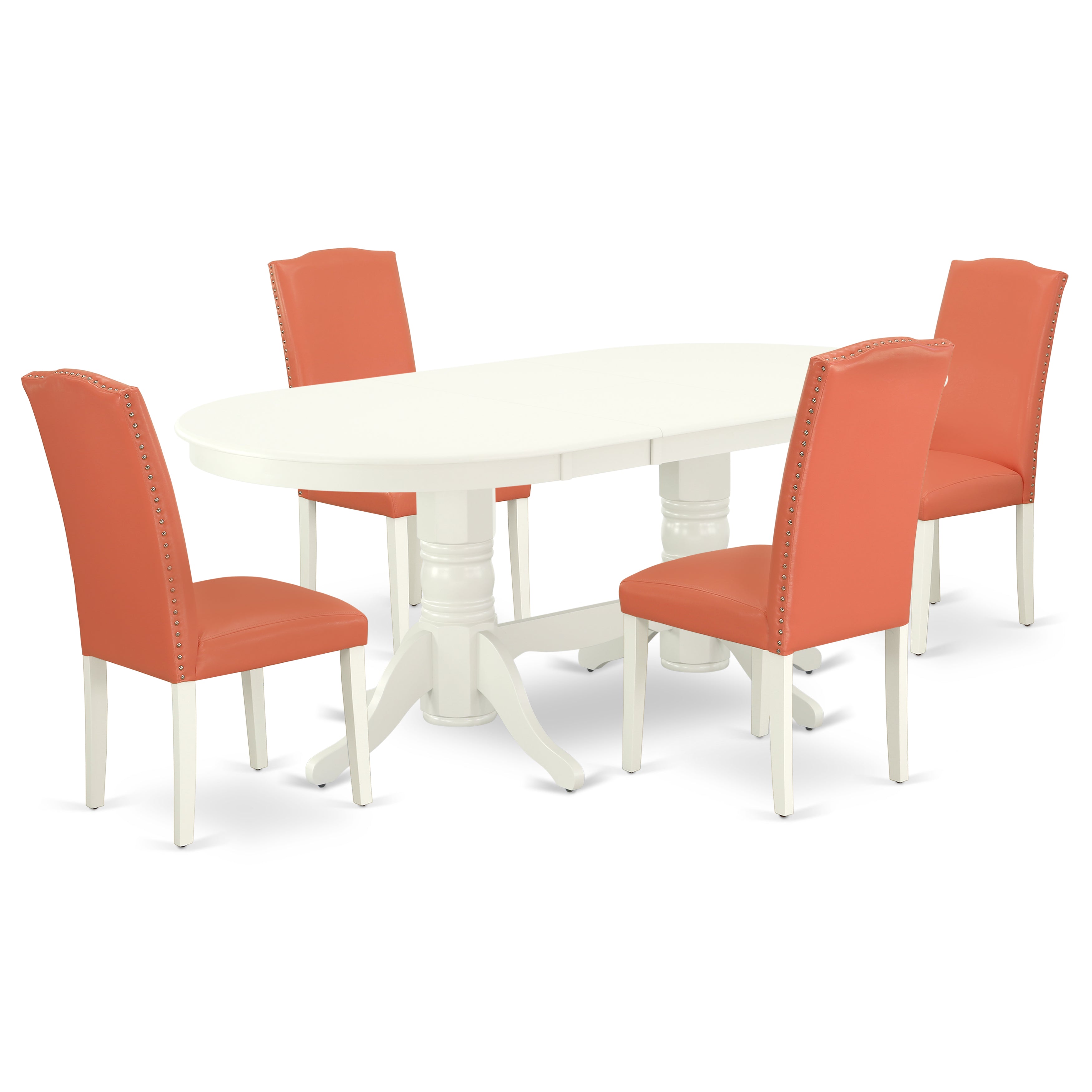 VAEN5-LWH-78 5 Pc Dining Room Set For 4- Table With Leaf And Four Parson Chair With Linen White Leg And Pu Leather Color Pink Flamingo