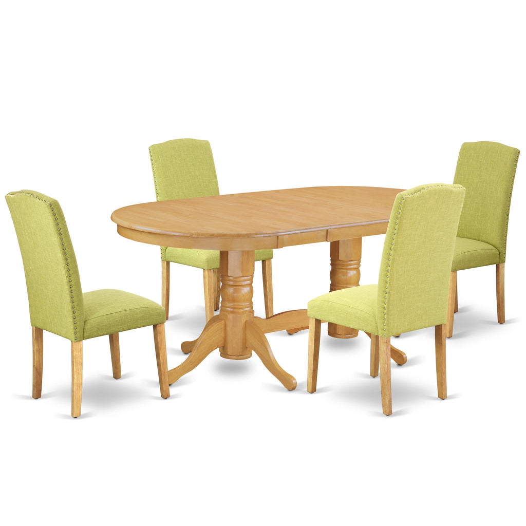 Juego de comedor de 5 piezas East West Furniture VAEN5-OAK-07. Incluye una mesa ovalada de madera con hojas de mariposa y 4 sillas Parsons de tela de lino Limelight.
