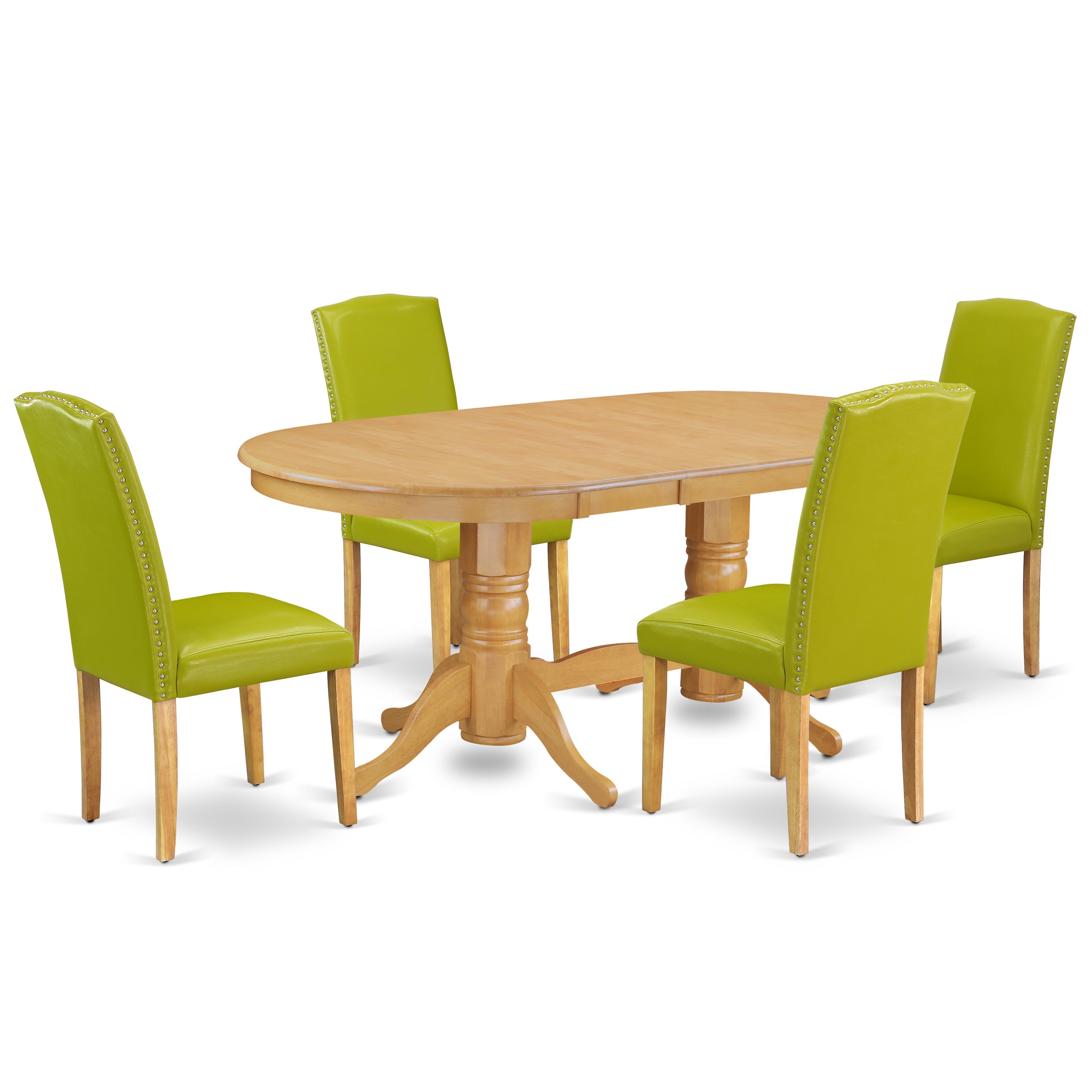 El juego de comedor de 5 piezas VAEN5-OAK-51 de East West Furniture incluye una mesa ovalada de madera con hojas de mariposa y 4 sillas de comedor Parson de cuero sintético verde otoño.