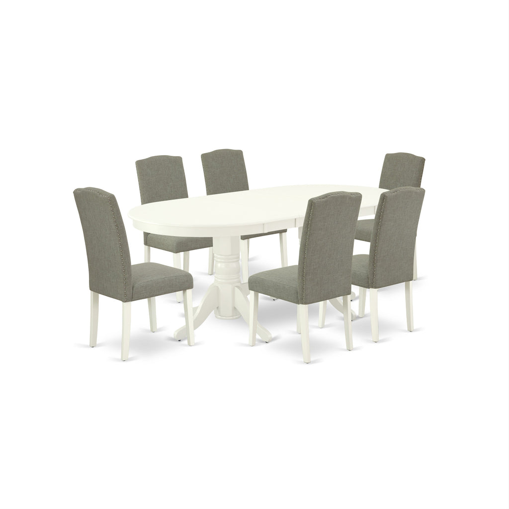 Juego de mesa de cocina de 7 piezas VAEN7-LWH-06 de East West Furniture: mesa de comedor ovalada con diseño de hojas de mariposa y 6 sillas Parson de tela de lino shitake oscuro.