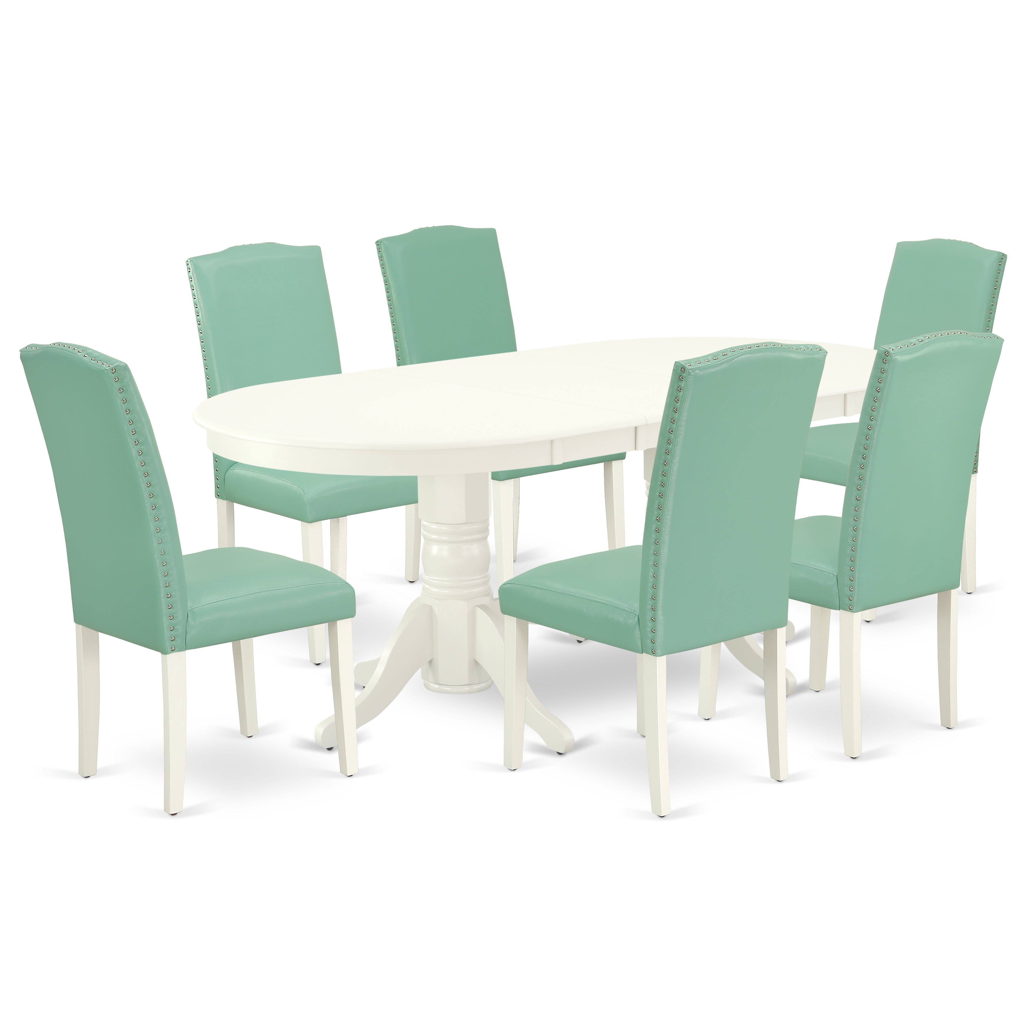 VAEN7-LWH-57 7 Pc Dining Room Set Dining Table With Self Storing Butterfly Leaf And Six Parson Chair With Linen White Leg And Pu Leather Color Pond