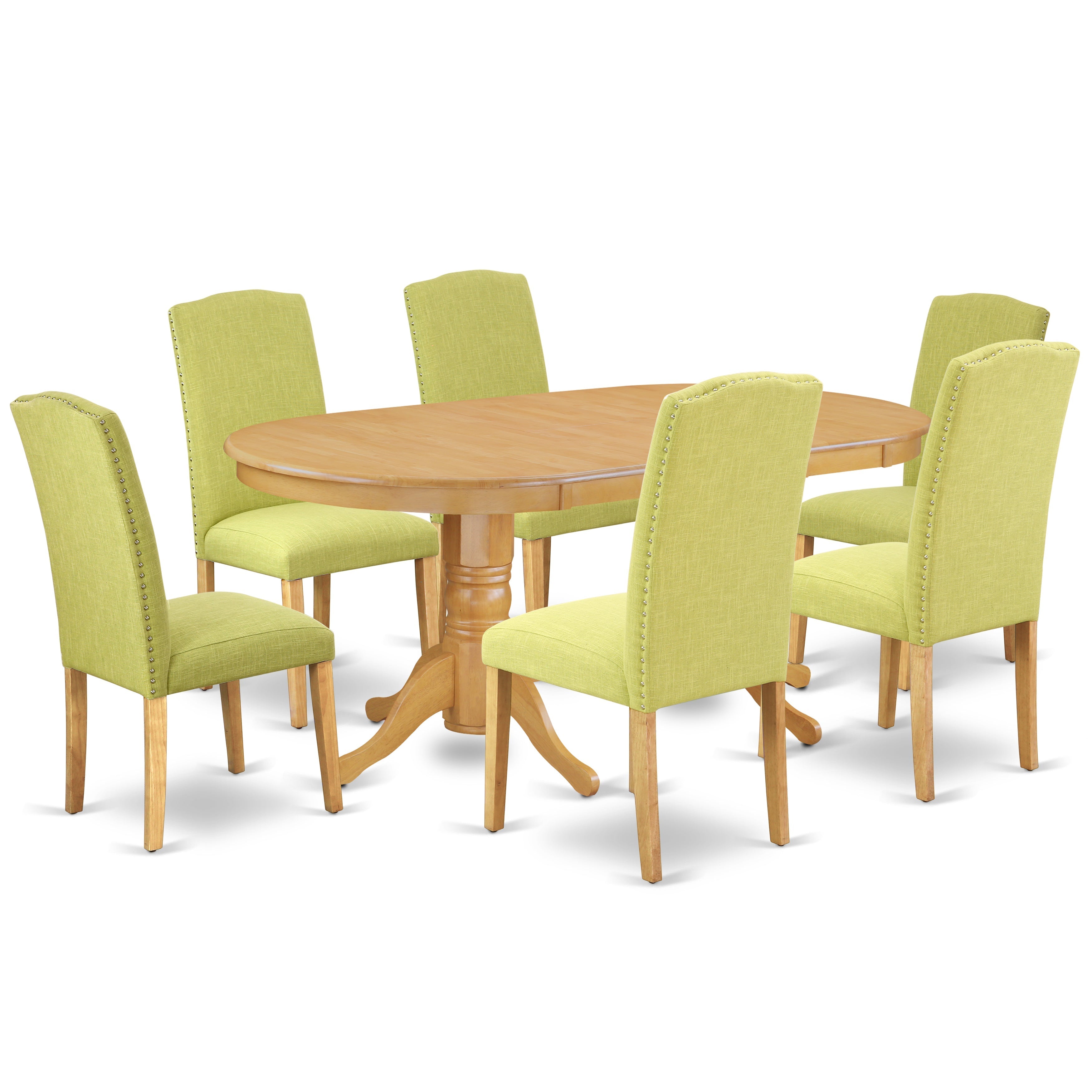 VAEN7-OAK-07 7 Pc Dining Room Set Dining Table With Self Storing Butterfly Leaf And Six Parson Chair With Oak Leg And Linen Fabric Limelight
