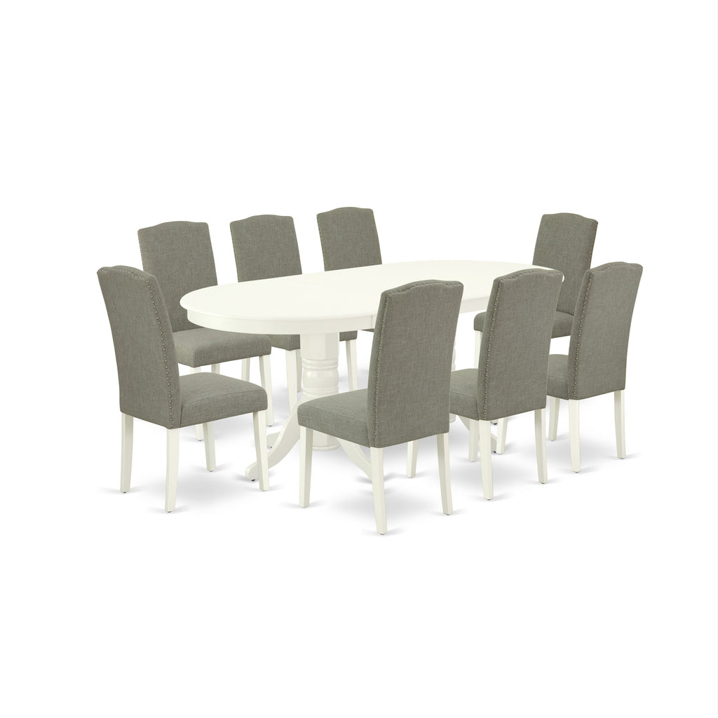 El juego de mesa de cocina de 9 piezas VAEN9-LWH-06 de East West Furniture incluye una mesa de comedor ovalada con hojas de mariposa y 8 sillas de comedor Parson de tela de lino shitake oscuro.