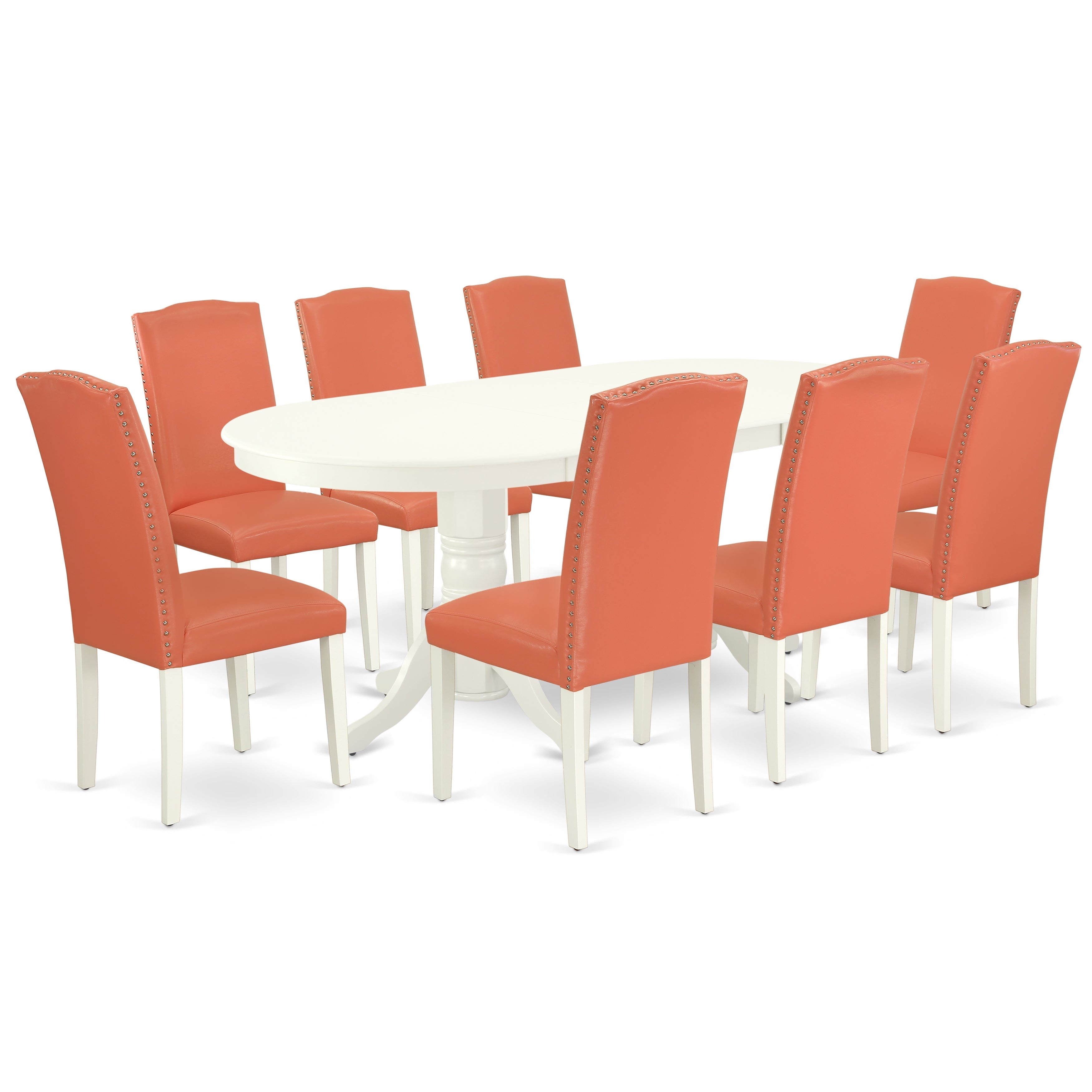 VAEN9-LWH-78 9 Pc Kitchen Set For 8 Dining Table With Leaf And Eight Parson Chair With Linen White Leg And Pu Leather Color Pink Flamingo