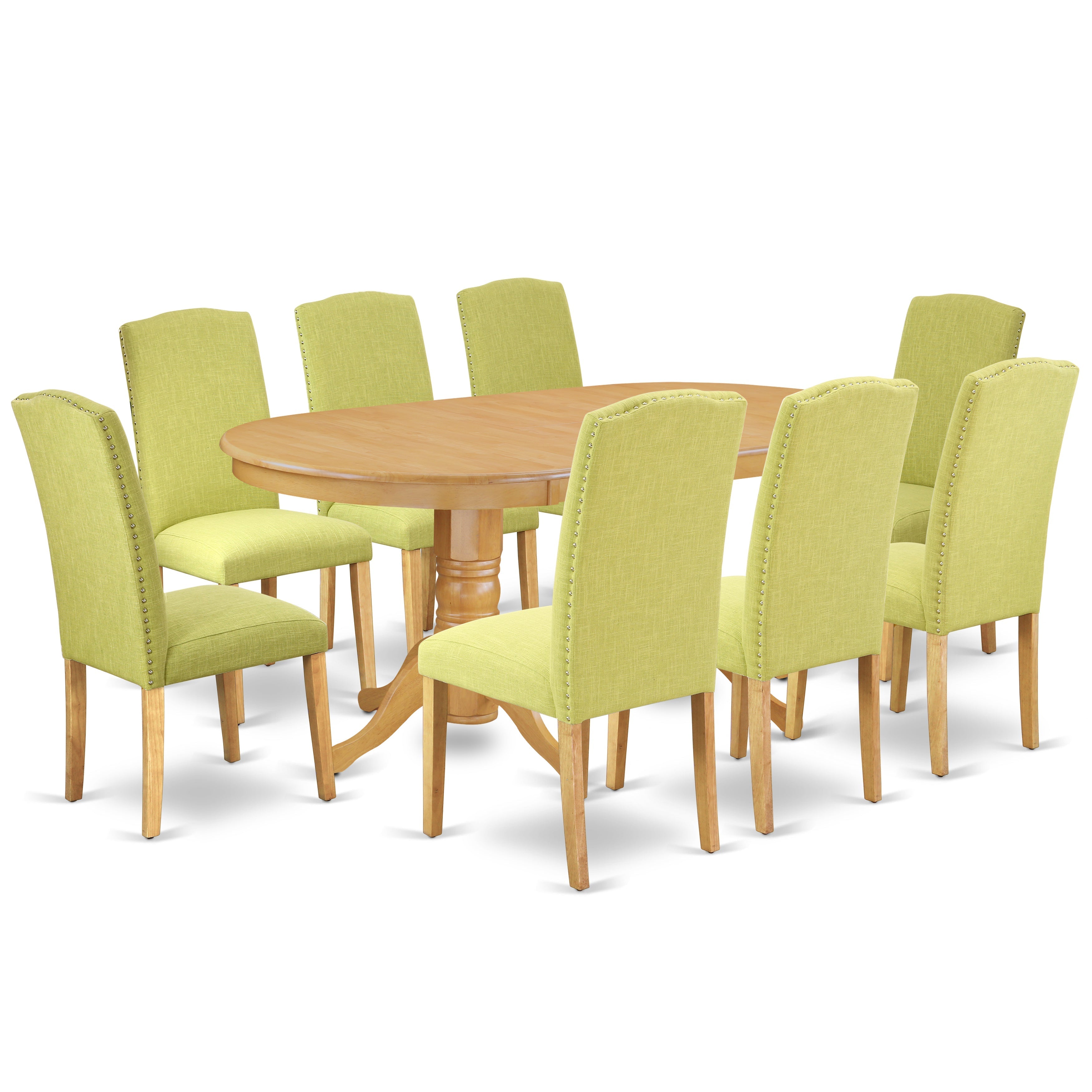 VAEN9-OAK-07 9 Pc Kitchen Set For 8 Dining Table With Leaf And Eight Parson Chair With Oak Leg And Linen Fabric Limelight