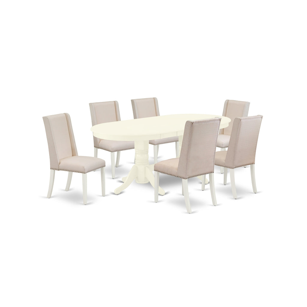 East West Furniture VAFL7-LWH-01 7 Piece Dinette Set Consist of an Oval Dining Room Table with Butterfly Leaf and 6 Cream Linen Fabric Upholstered Parson Chairs