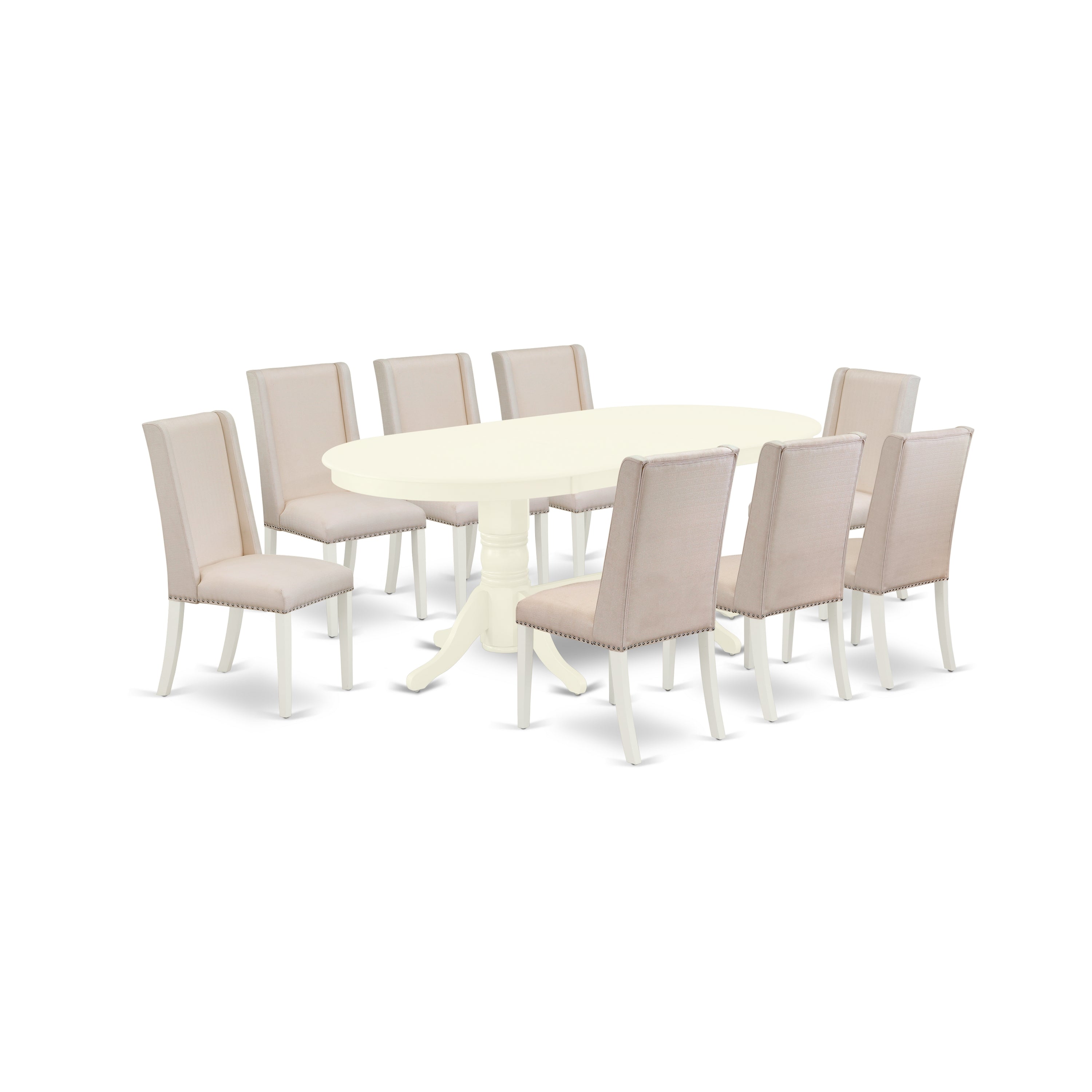 East-West Furniture VAFL9-LWH-01 9-Piece kitchen table set- 8 parson chairs and Butterfly Leaf table solid wood structure -High back & Linen White Finish