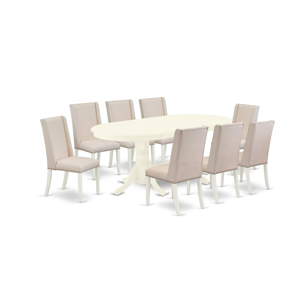 East West Furniture VAFL9-LWH-01 9 Piece Kitchen Table Set Includes an Oval Dining Table with Butterfly Leaf and 8 Cream Linen Fabric Parson Dining Room Chairs