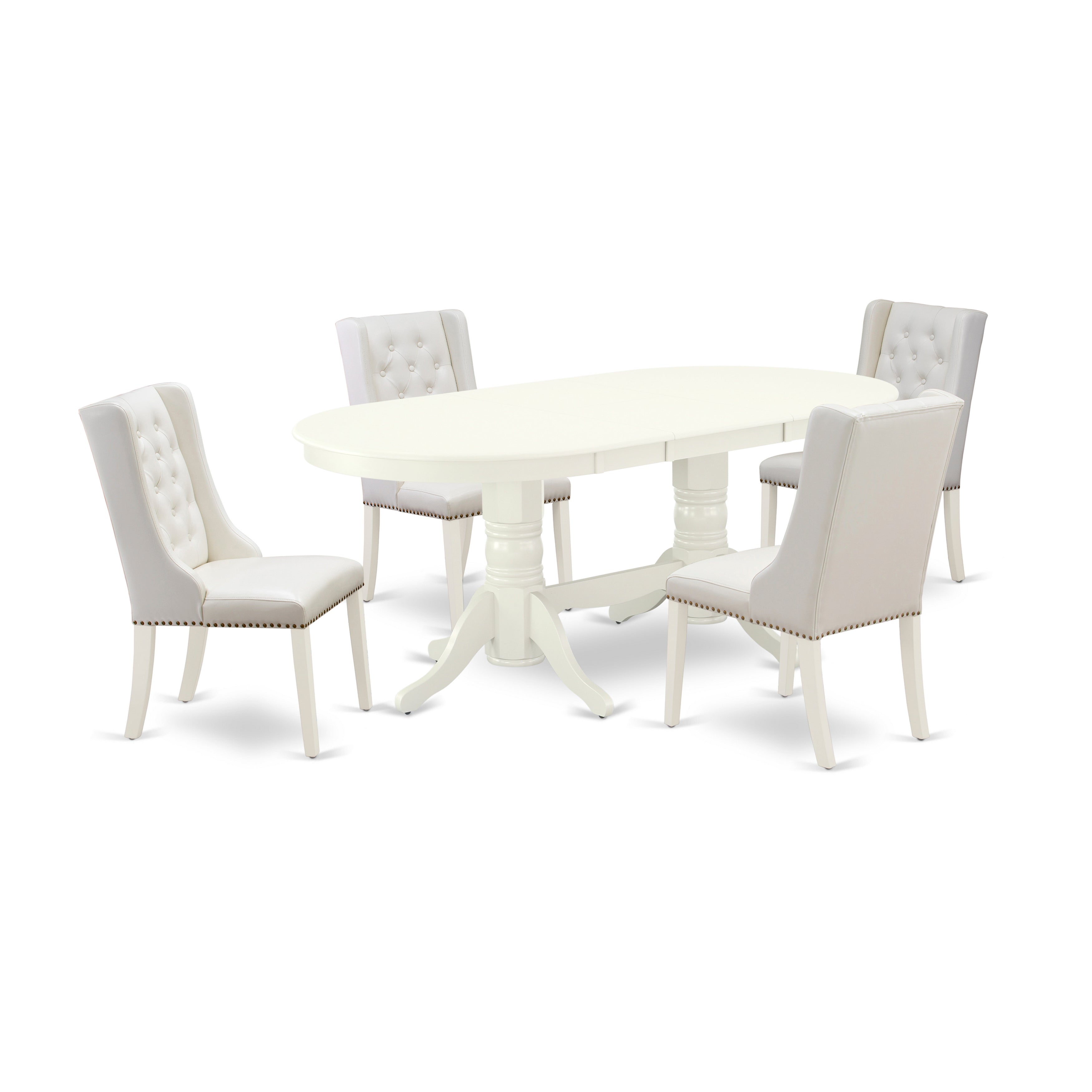 East West Furniture VAFO5-LWH-44 5-Pc Dinette Room Set Includes 1 Removable leaf Double Pedestal Dining Table and 4 Linen white PU faux Leather Dining Chairs with Button Tufted Back - linen white Finish