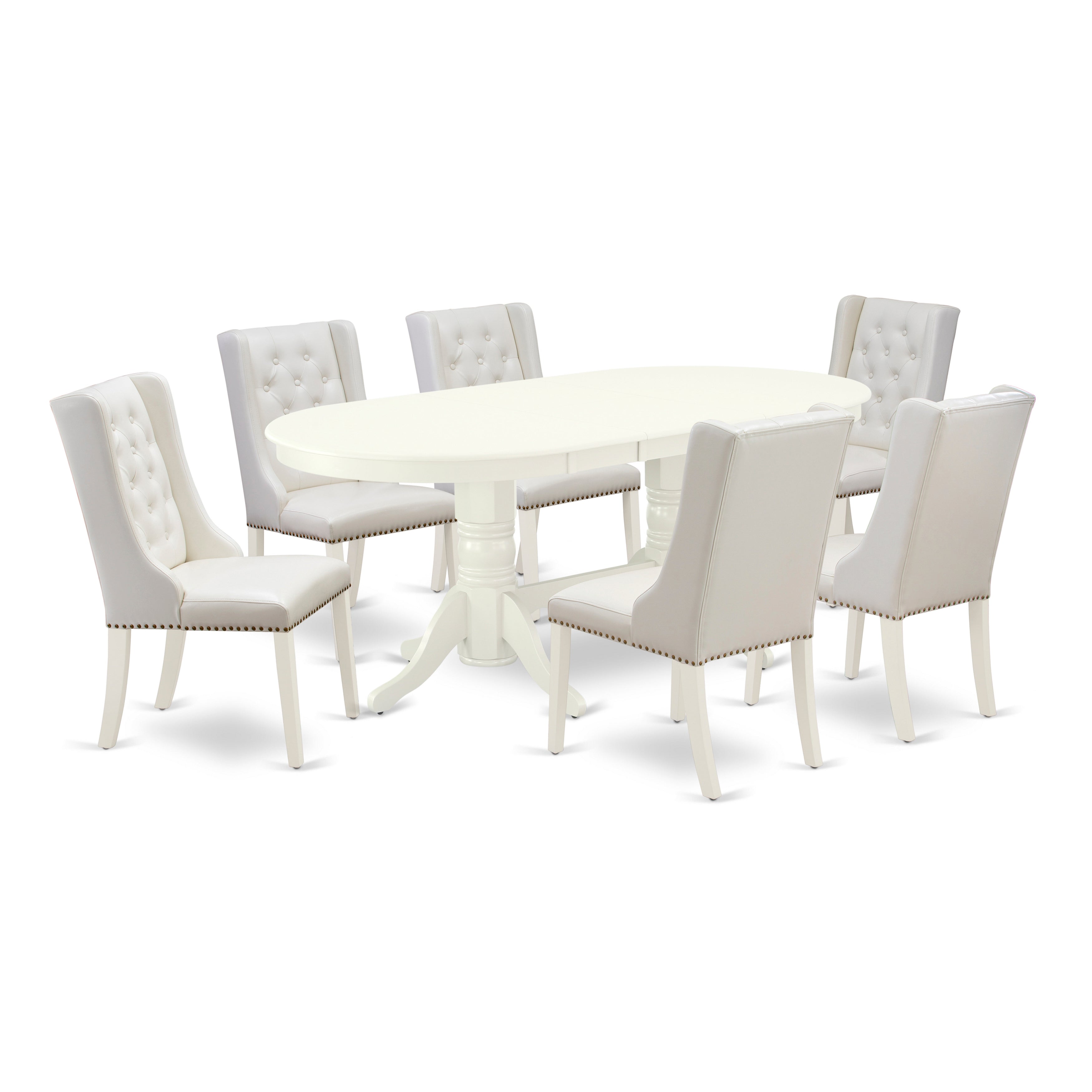 Juego de comedor de 7 piezas East West Furniture VAFO7-LWH-44 compuesto por una mesa de comedor ovalada con hojas de mariposa y 6 sillas tapizadas en piel sintética gris claro.