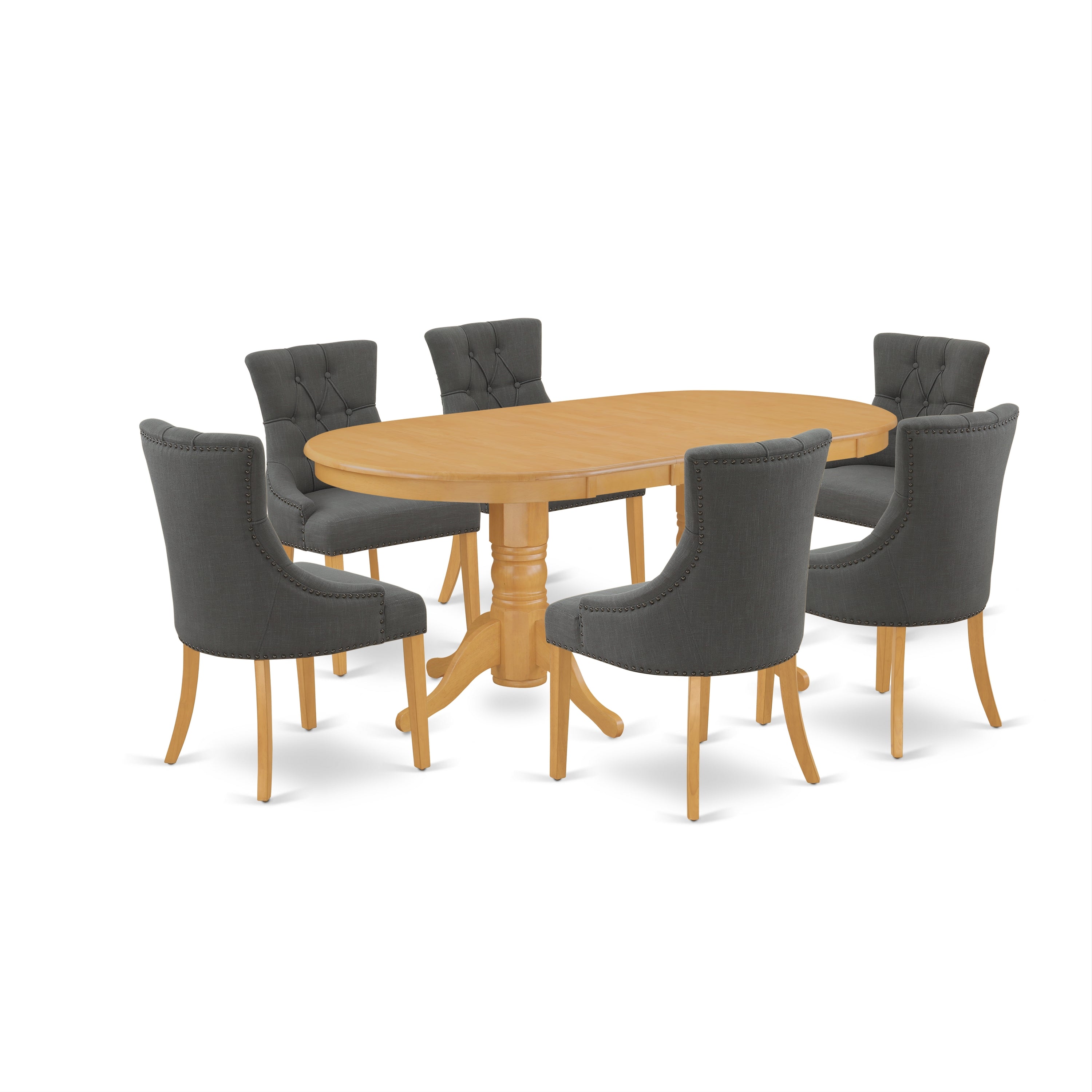 VAFR7-OAK-20 7Pc Dinette Set Includes an Oval Dining Table with Butterfly Leaf and Six Parson Chairs with Dark Gotham Grey Fabric, Oak Finish