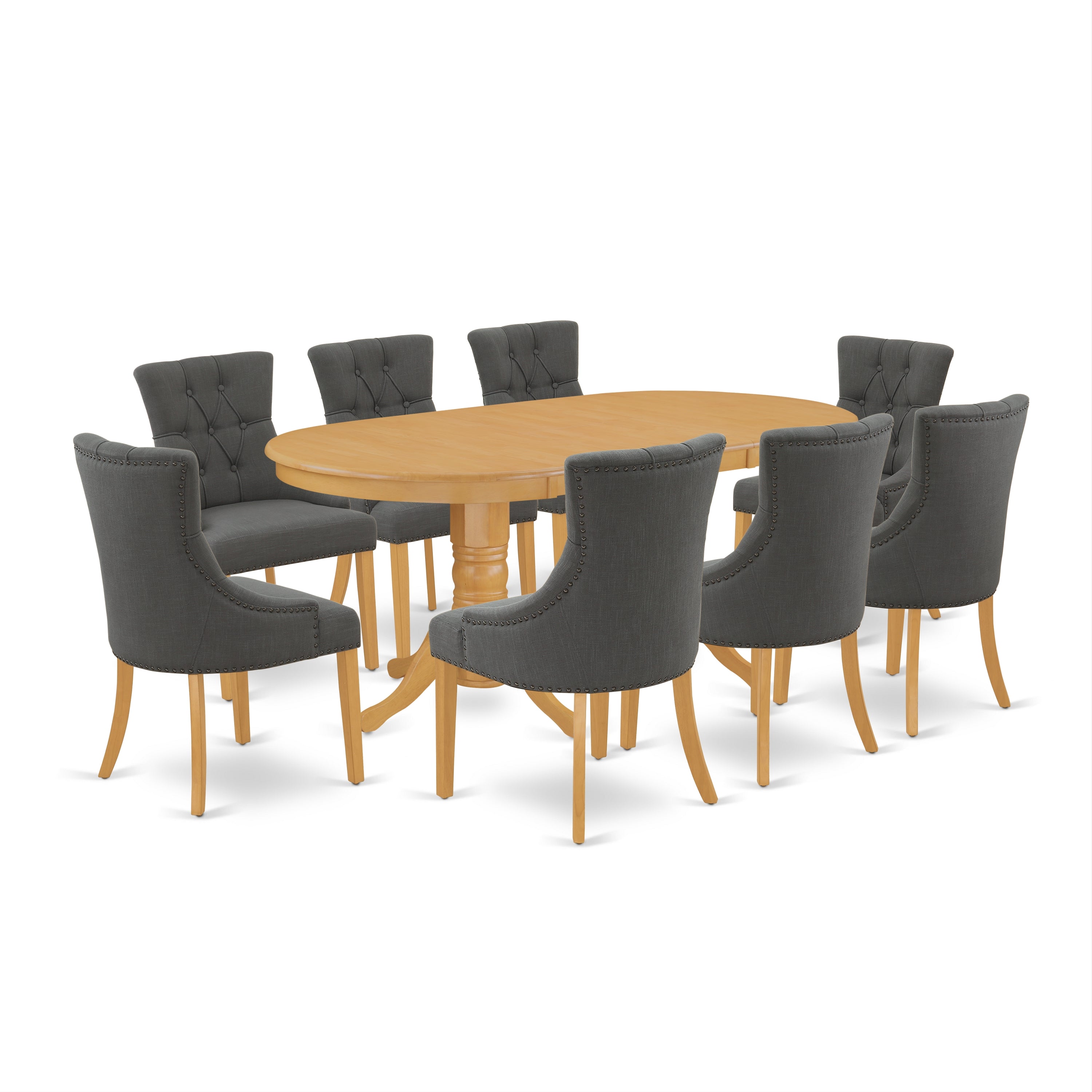 VAFR9-OAK-20 9Pc Dining Set Includes an Oval Dining Table with Butterfly Leaf and Eight Parson Chairs with Dark Gotham Grey Fabric, Oak Finish