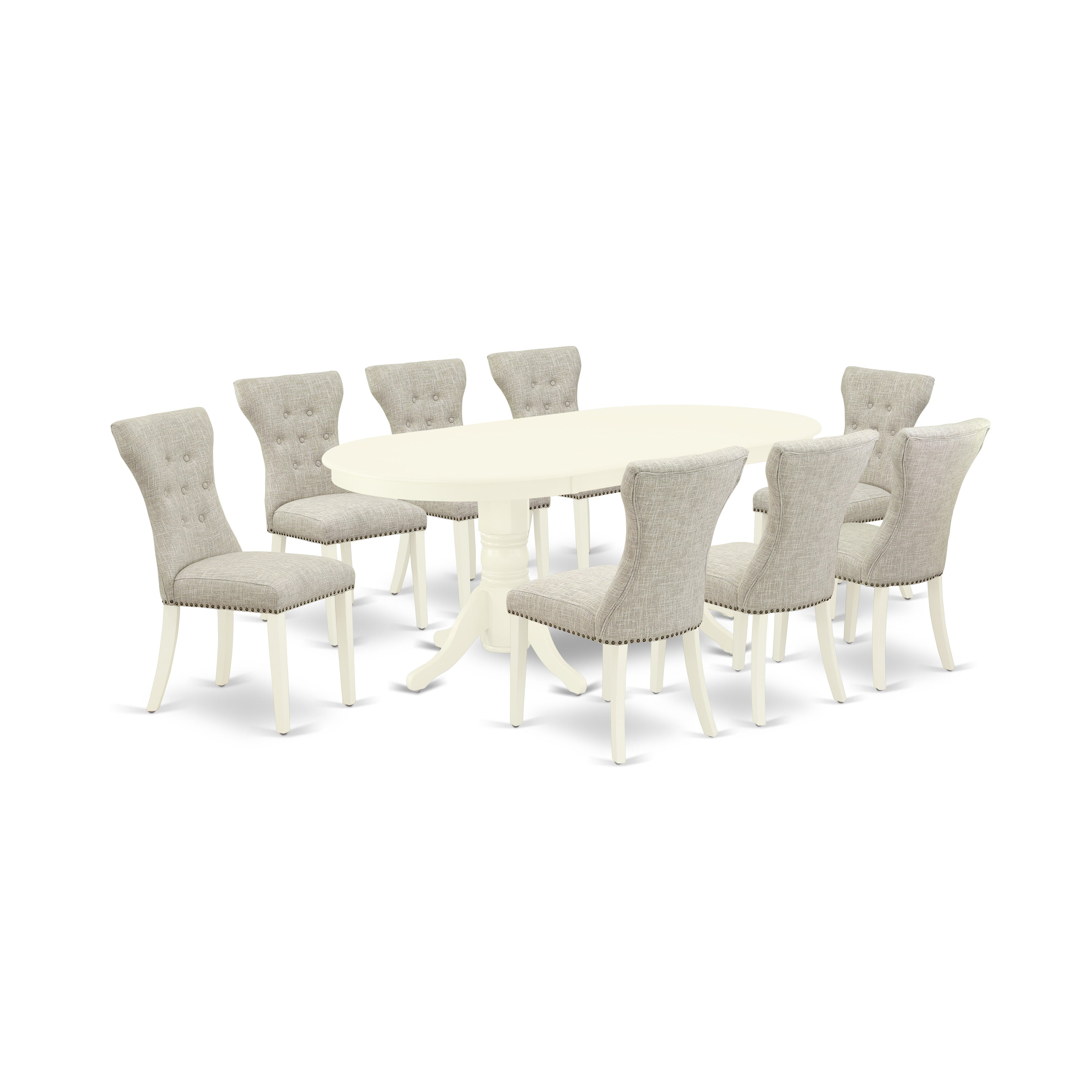 El juego de comedor VAGA9-LWH-35 de 9 piezas de East West Furniture incluye una mesa de cocina ovalada con diseño de hojas de mariposa y 8 sillas de comedor Parsons de tela de lino y piel de venado.
