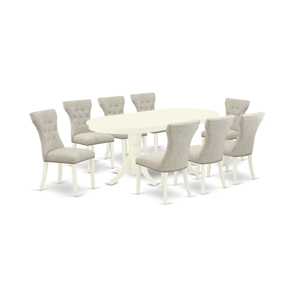 El juego de comedor VAGA9-LWH-35 de 9 piezas de East West Furniture incluye una mesa de cocina ovalada con diseño de hojas de mariposa y 8 sillas de comedor Parsons de tela de lino y piel de venado.