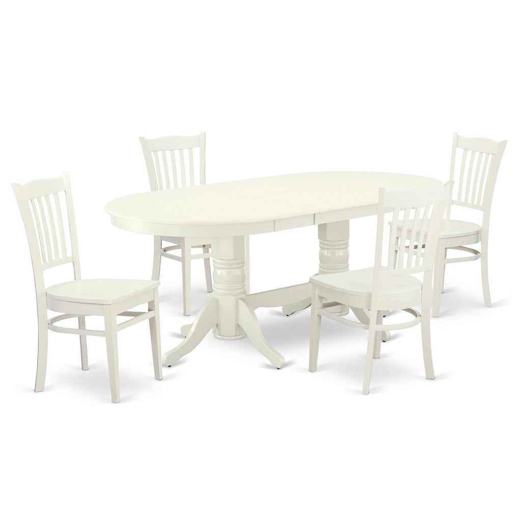 Juego de comedor East West Furniture VAGR5-LWH-W de 5 piezas para 4 personas. Incluye una mesa de comedor ovalada con hojas de mariposa y 4 sillas de comedor.