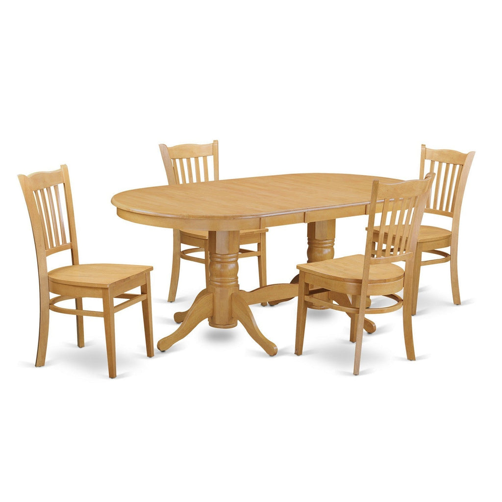 Juego de mesa y sillas de cocina de 5 piezas VAGR5-OAK-W de East West Furniture. Incluye una mesa de comedor ovalada con hojas de mariposa y 4 sillas con asiento de madera maciza.