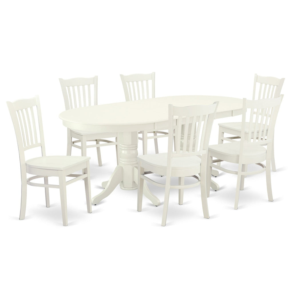 Juego de comedor East West Furniture VAGR7-LWH-W de 7 piezas compuesto por una mesa de cocina ovalada con hojas de mariposa y 6 sillas de comedor.
