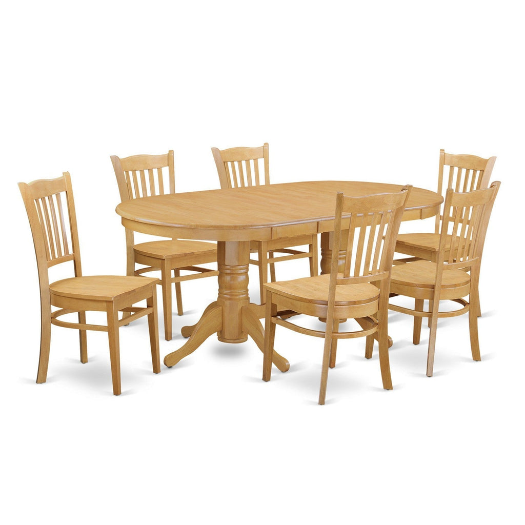 Juego de mesa de comedor East West Furniture VAGR7-OAK-W de 7 piezas compuesto por una mesa ovalada de madera con hojas de mariposa y 6 sillas de comedor de cocina.