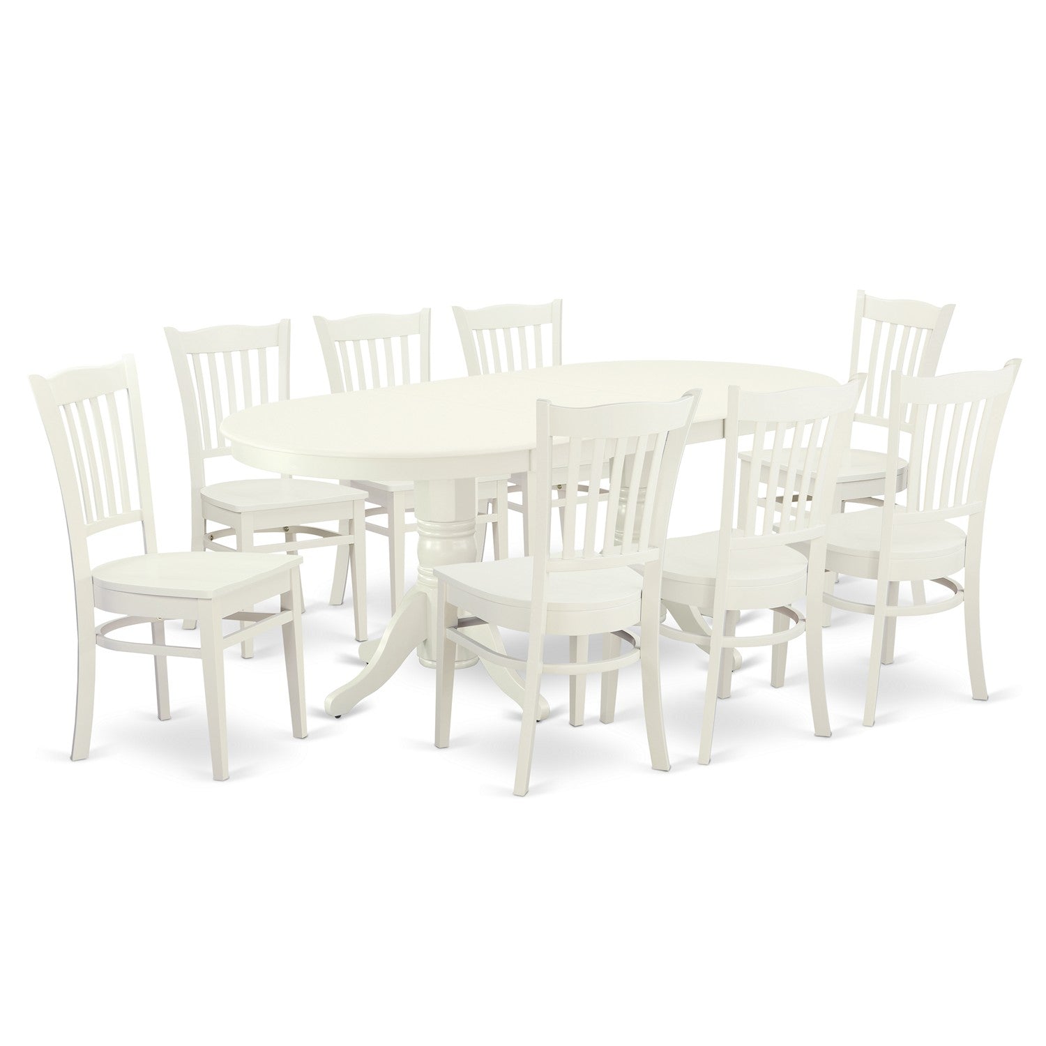 Juego de comedor East West Furniture VAGR9-LWH-W de 9 piezas. Incluye una mesa de comedor ovalada con hojas de mariposa y 8 sillas con asiento de madera.