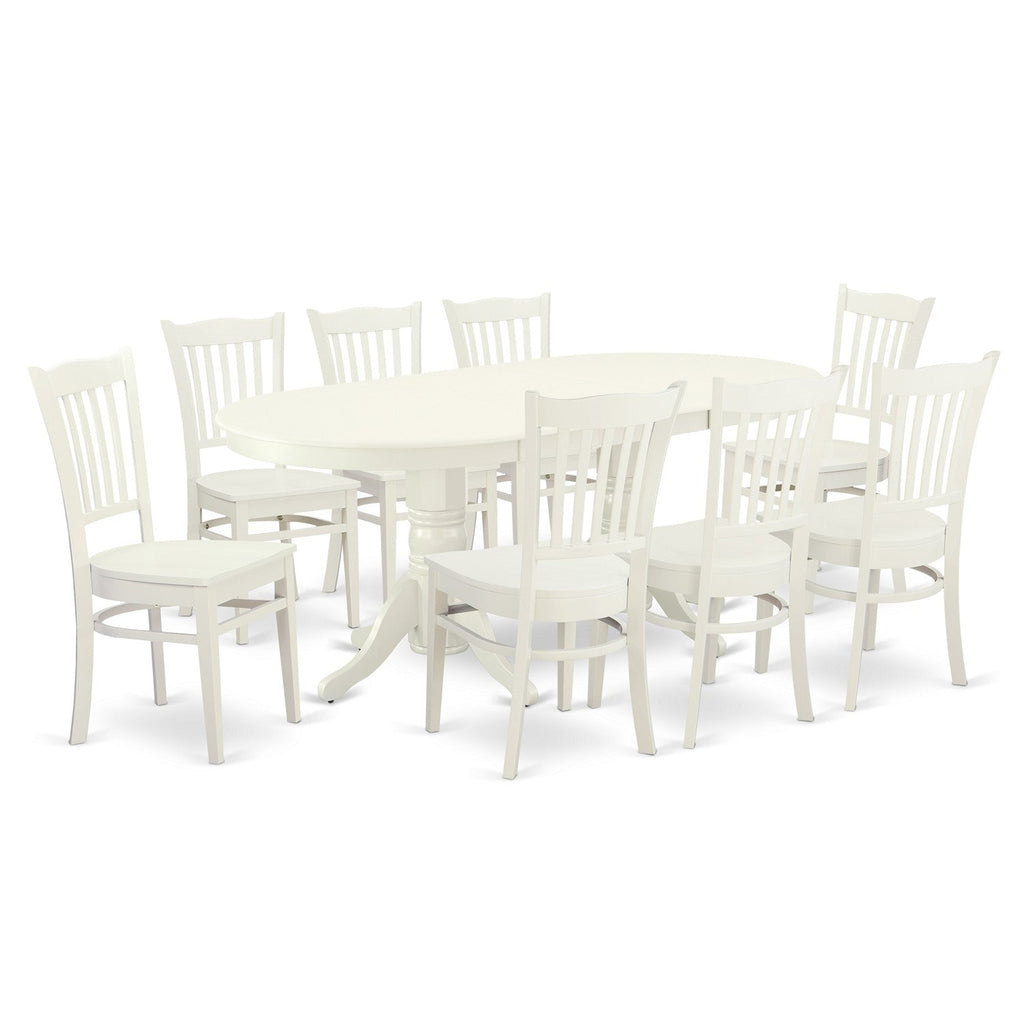Juego de comedor East West Furniture VAGR9-LWH-W de 9 piezas. Incluye una mesa de comedor ovalada con hojas de mariposa y 8 sillas con asiento de madera.