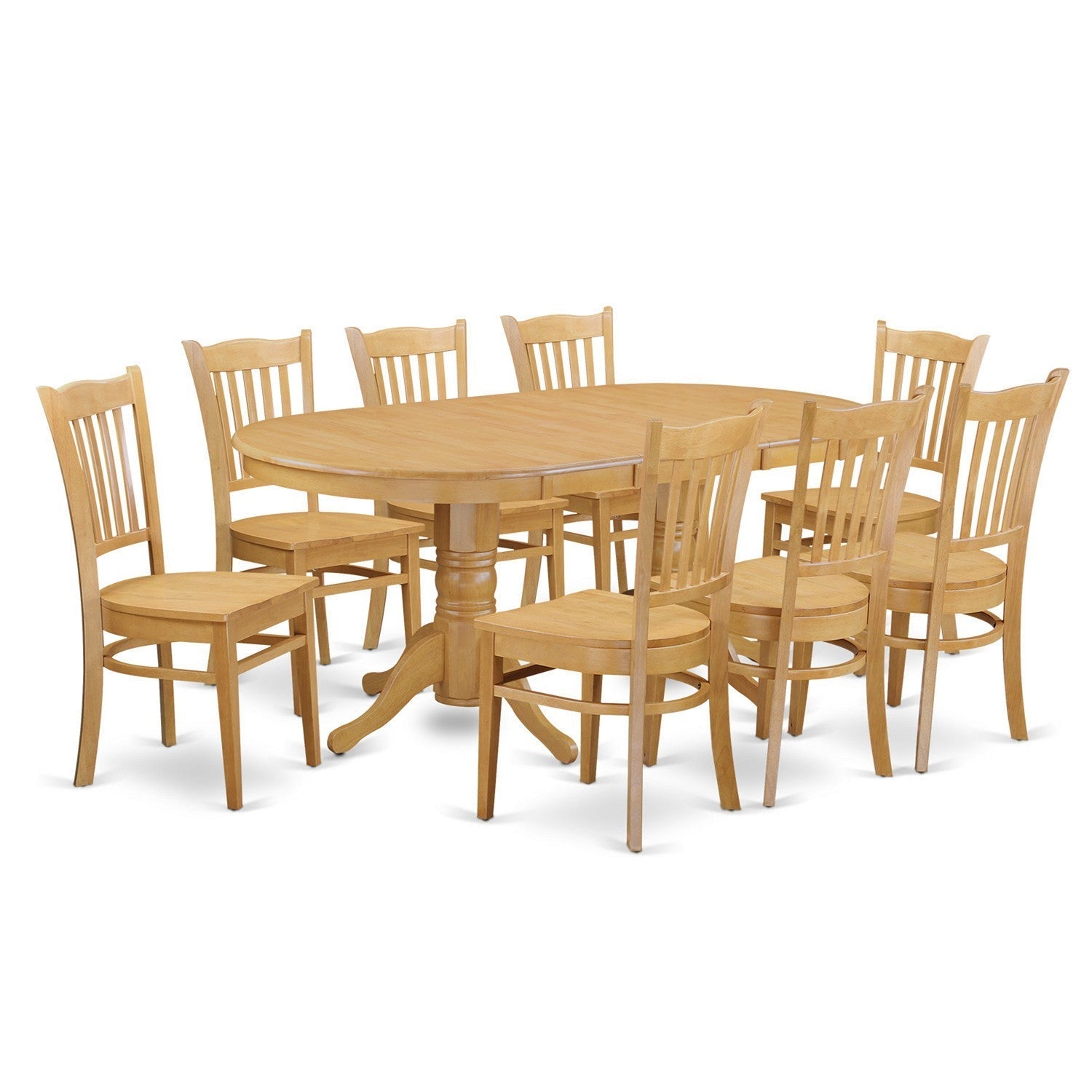 El juego de mesa de comedor East West Furniture VAGR9-OAK-W de 9 piezas incluye una mesa ovalada de madera con hojas de mariposa y 8 sillas de comedor.