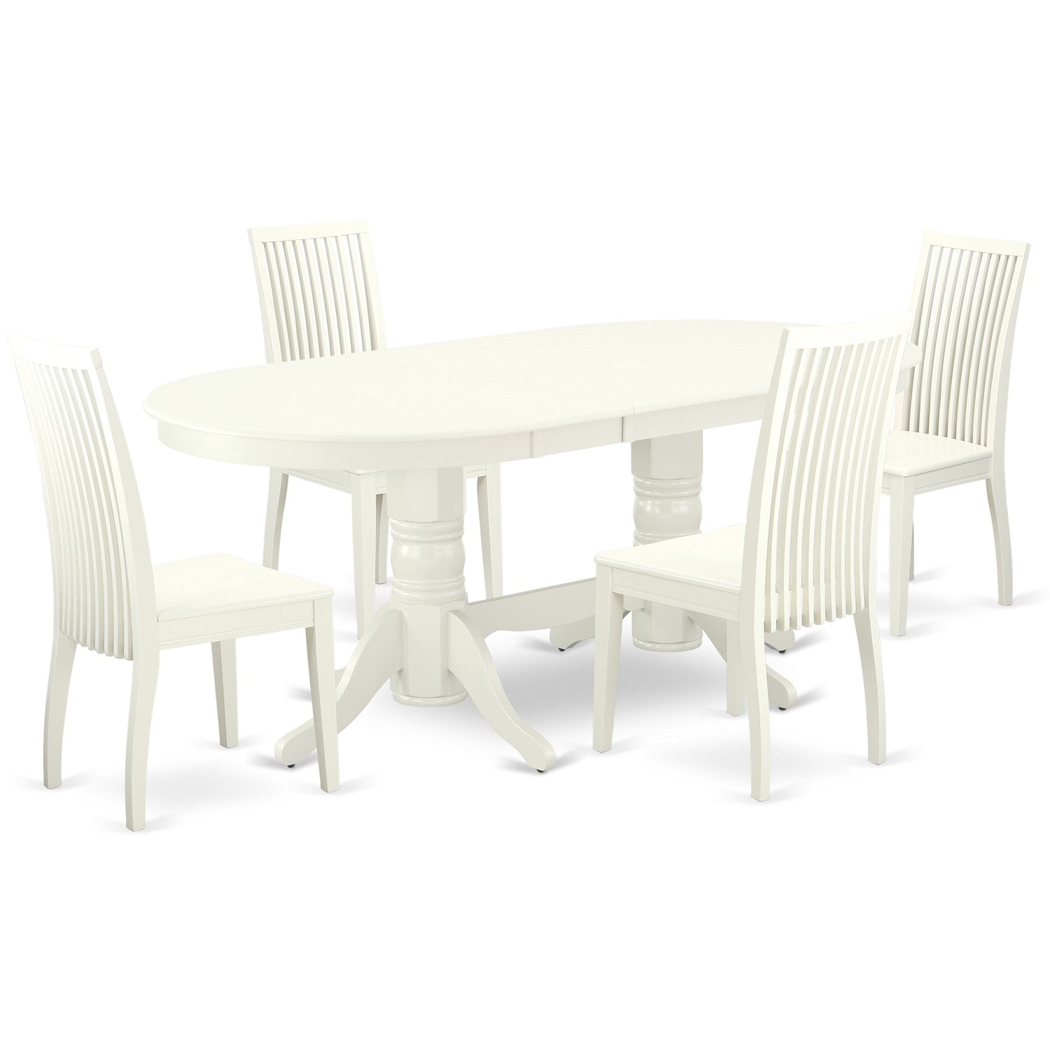Juego de comedor de 5 piezas East West Furniture VAIP5-LWH-W para 4 personas. Incluye una mesa de comedor ovalada con diseño de hojas de mariposa y 4 sillas de comedor.