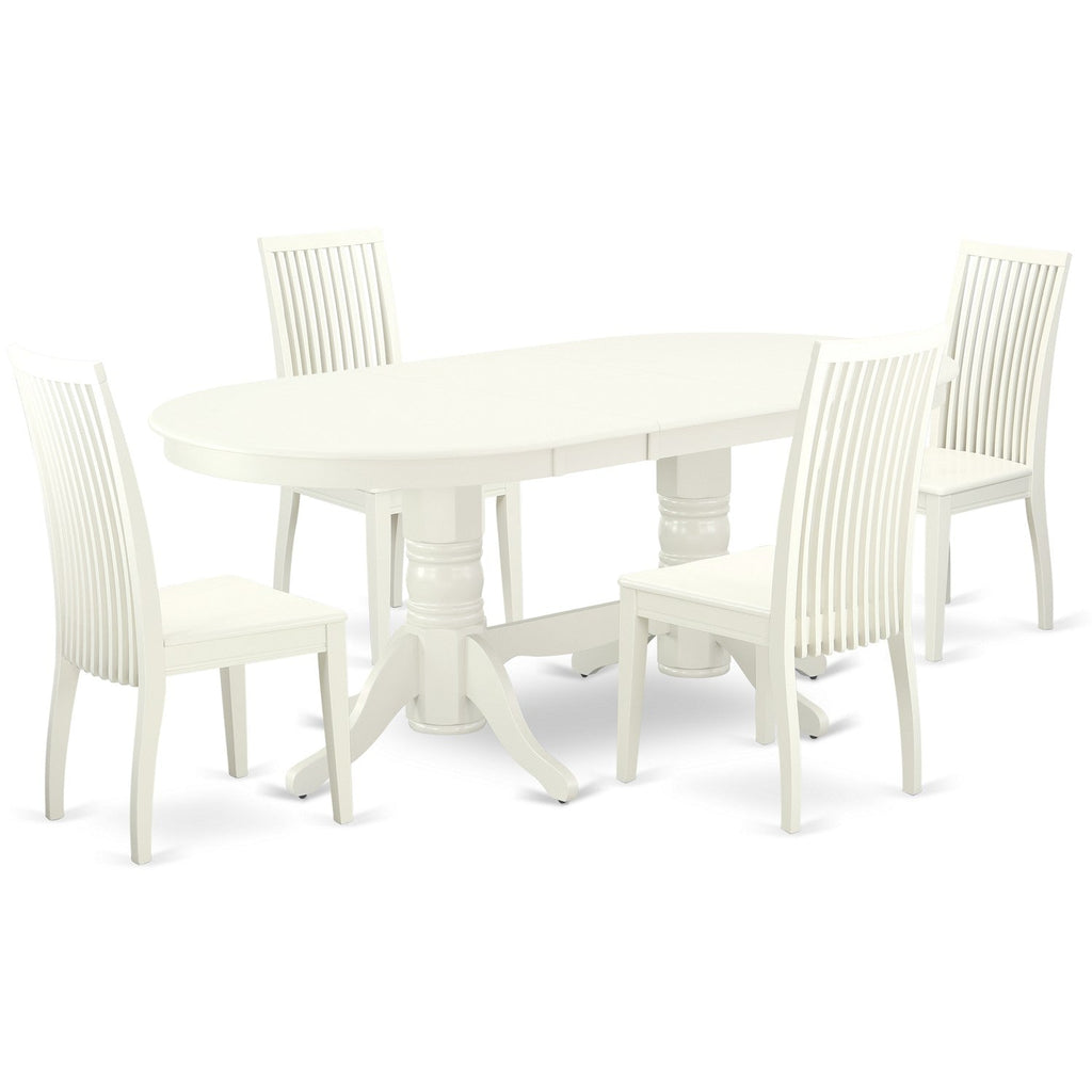 Juego de comedor de 5 piezas East West Furniture VAIP5-LWH-W para 4 personas. Incluye una mesa de comedor ovalada con diseño de hojas de mariposa y 4 sillas de comedor.