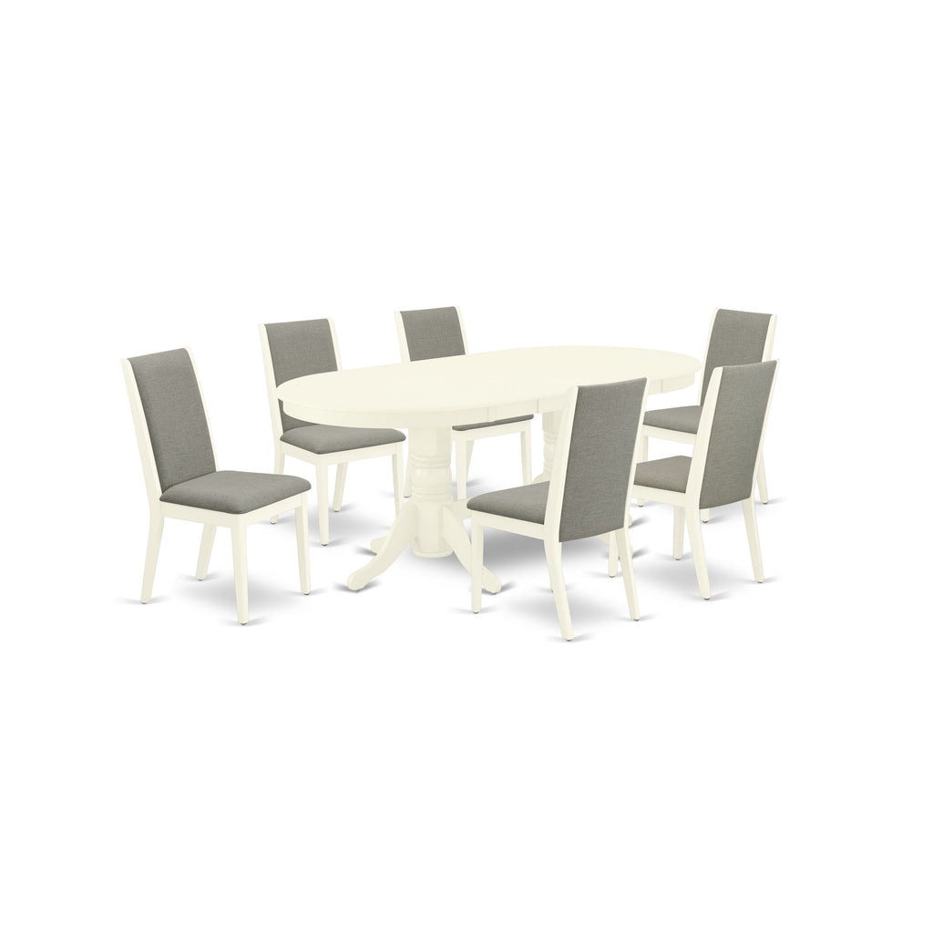 Juego de comedor de 7 piezas East West Furniture VALA7-LWH-06 compuesto por una mesa ovalada de madera con hojas de mariposa y 6 sillas Parson de tela de lino shitake.