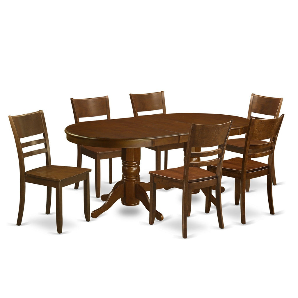 Juego de comedor de 7 piezas VALY7-ESP-W de East West Furniture. Consta de una mesa de comedor ovalada con hojas de mariposa y 6 sillas de cocina.