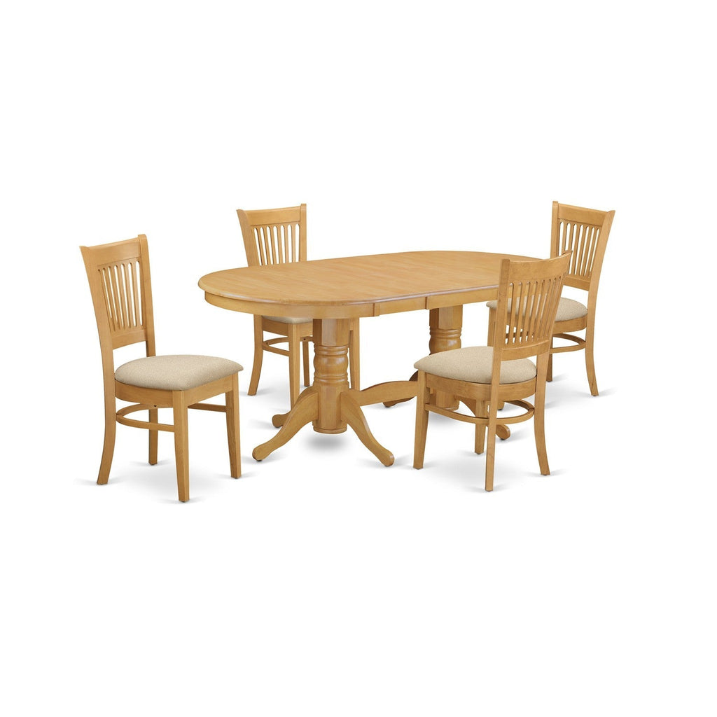 Juego de comedor de 5 piezas VANC5-OAK-C de East West Furniture para 4 personas. Incluye una mesa de comedor ovalada con hojas de mariposa y 4 sillas de comedor de tela de lino.