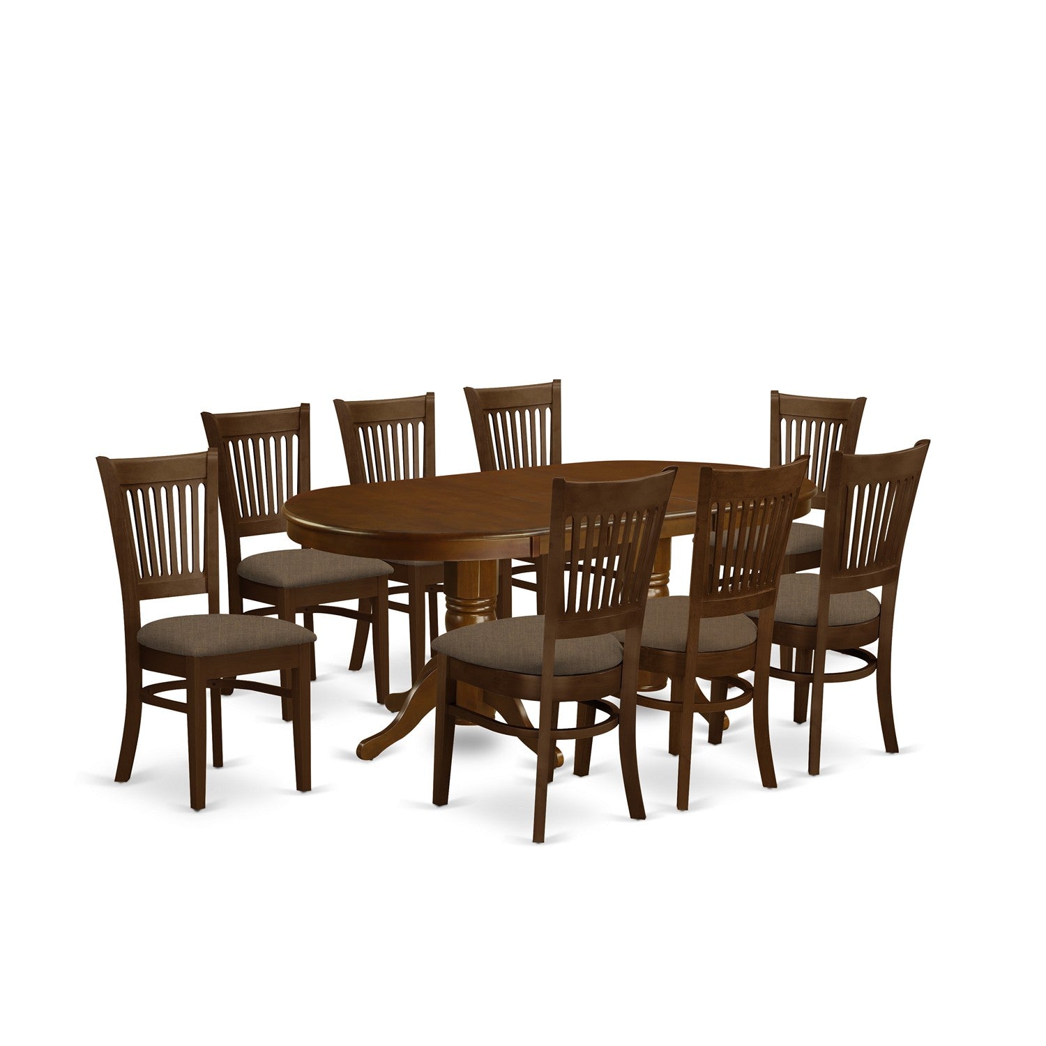 El juego de mesa de comedor moderno VANC9-ESP-C de 9 piezas de East West Furniture incluye una mesa ovalada de madera con hojas de mariposa y 8 sillas de comedor tapizadas en tela de lino.