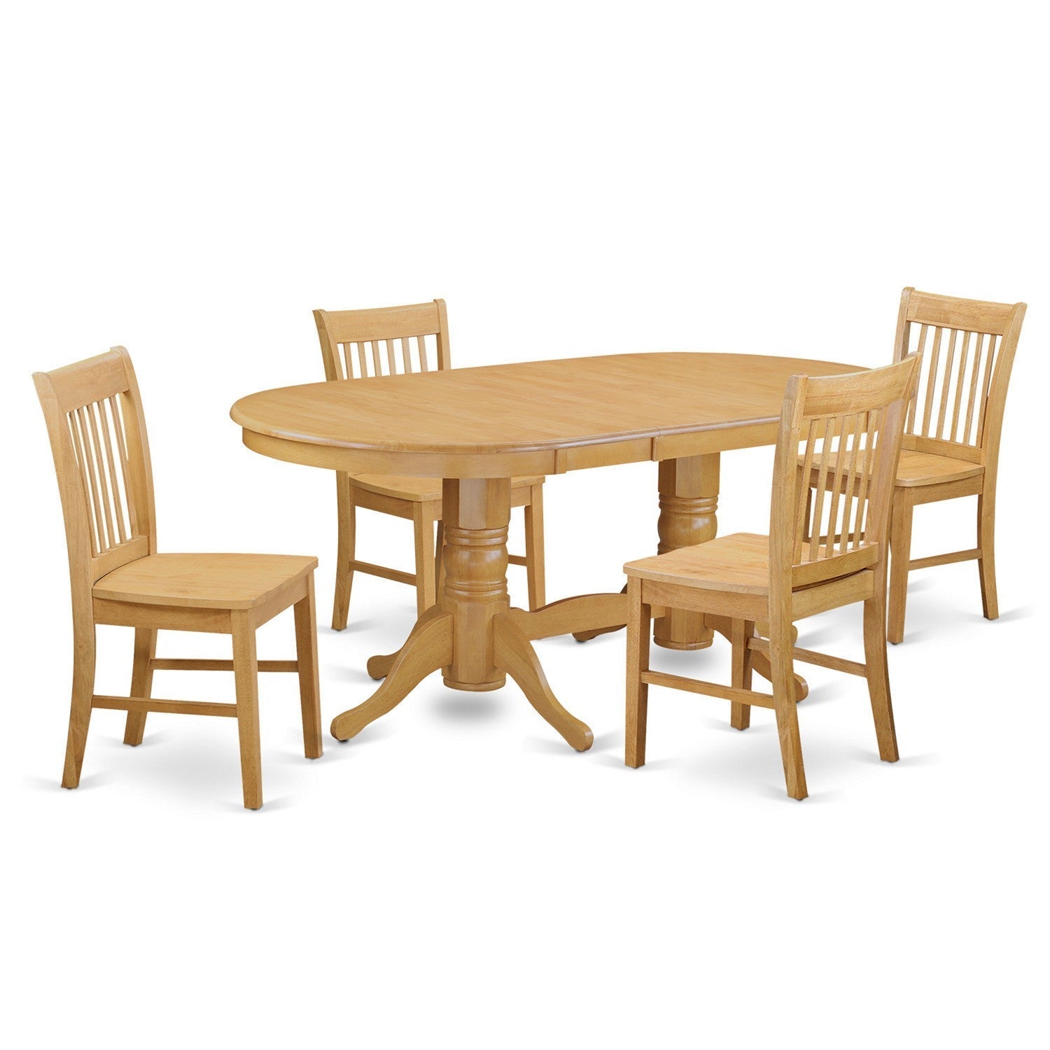 Juego de comedor de 5 piezas East West Furniture VANO5-OAK-W para 4 personas. Incluye una mesa de comedor ovalada con diseño de hojas de mariposa y 4 sillas de comedor.