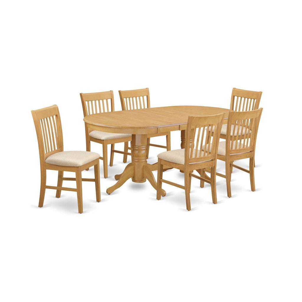 Juego de mesa y sillas de cocina VANO7-OAK-C de 7 piezas de East West Furniture. Incluye una mesa de comedor ovalada con hojas de mariposa y 6 sillas tapizadas en tela de lino.