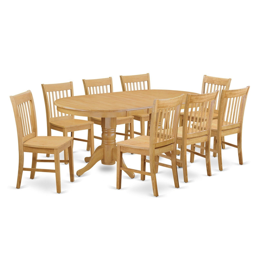 East West Furniture VANO9-OAK-W 9 Piece Kitchen Table Set Includes an Oval Dining Table with Butterfly Leaf and 8 Dining Room Chairs, 40x76 Inch, Oak